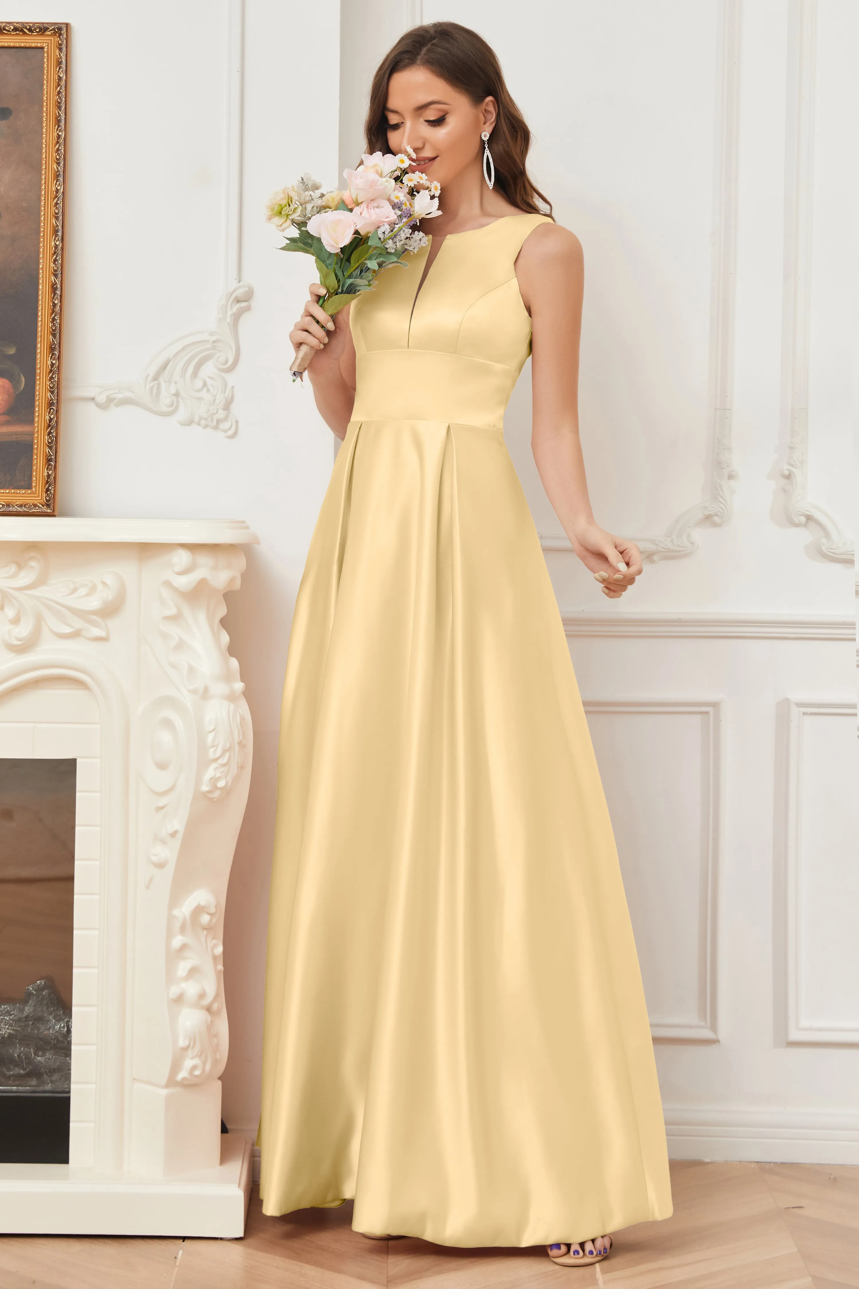 A-line Sleeveless Satin Long Bridesmaid Dresses with Pockets