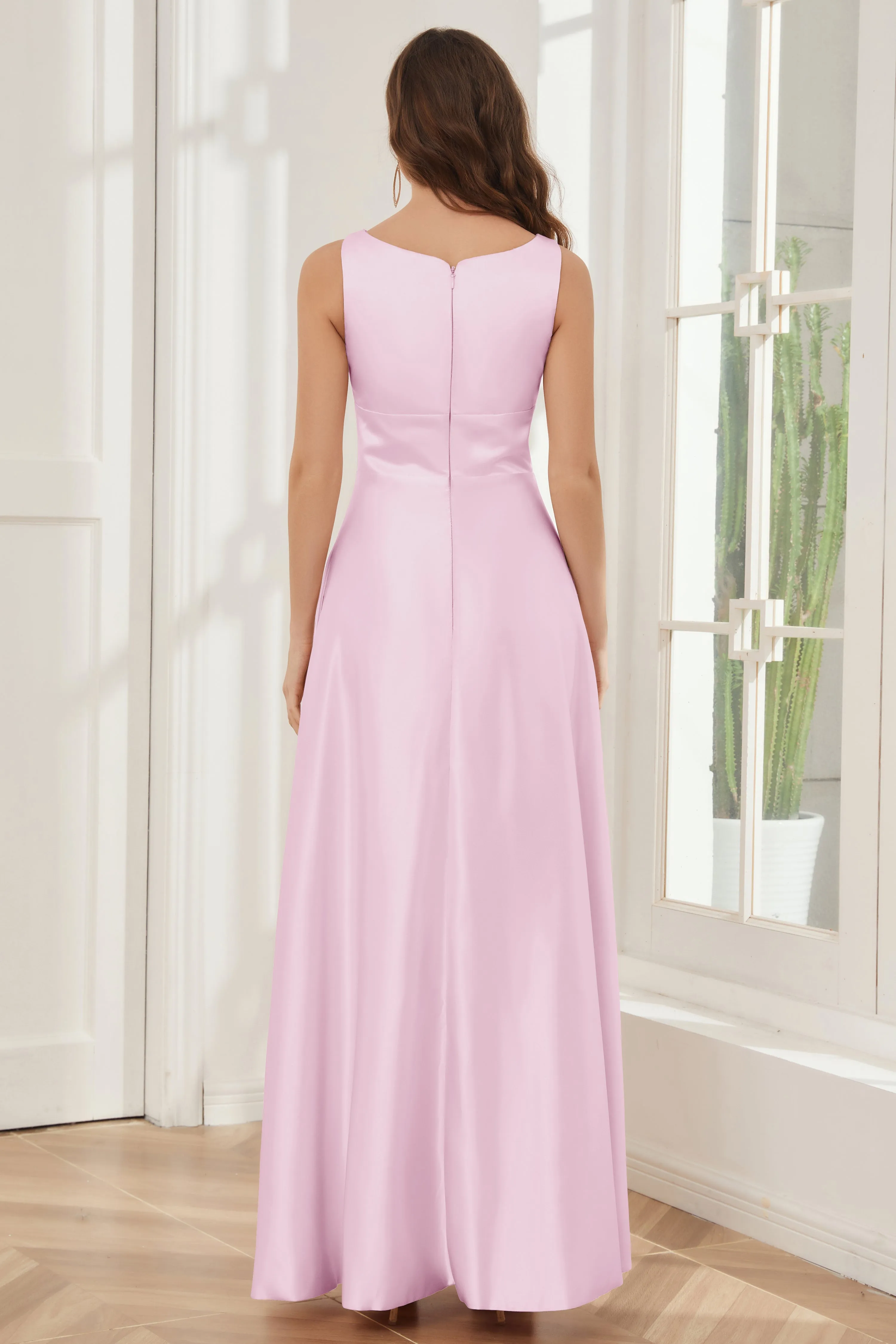 A-line Sleeveless Satin Long Bridesmaid Dresses with Pockets