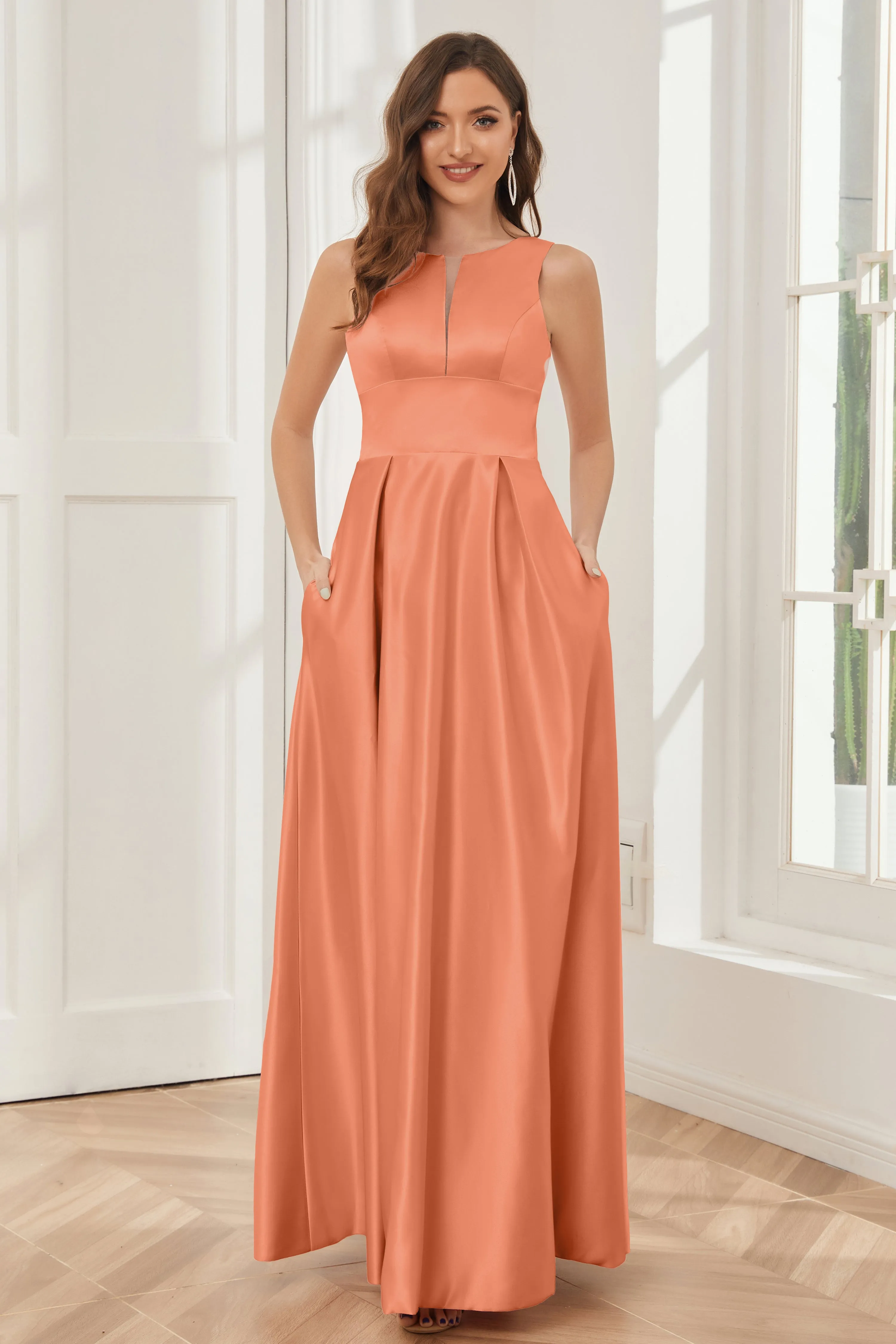 A-line Sleeveless Satin Long Bridesmaid Dresses with Pockets