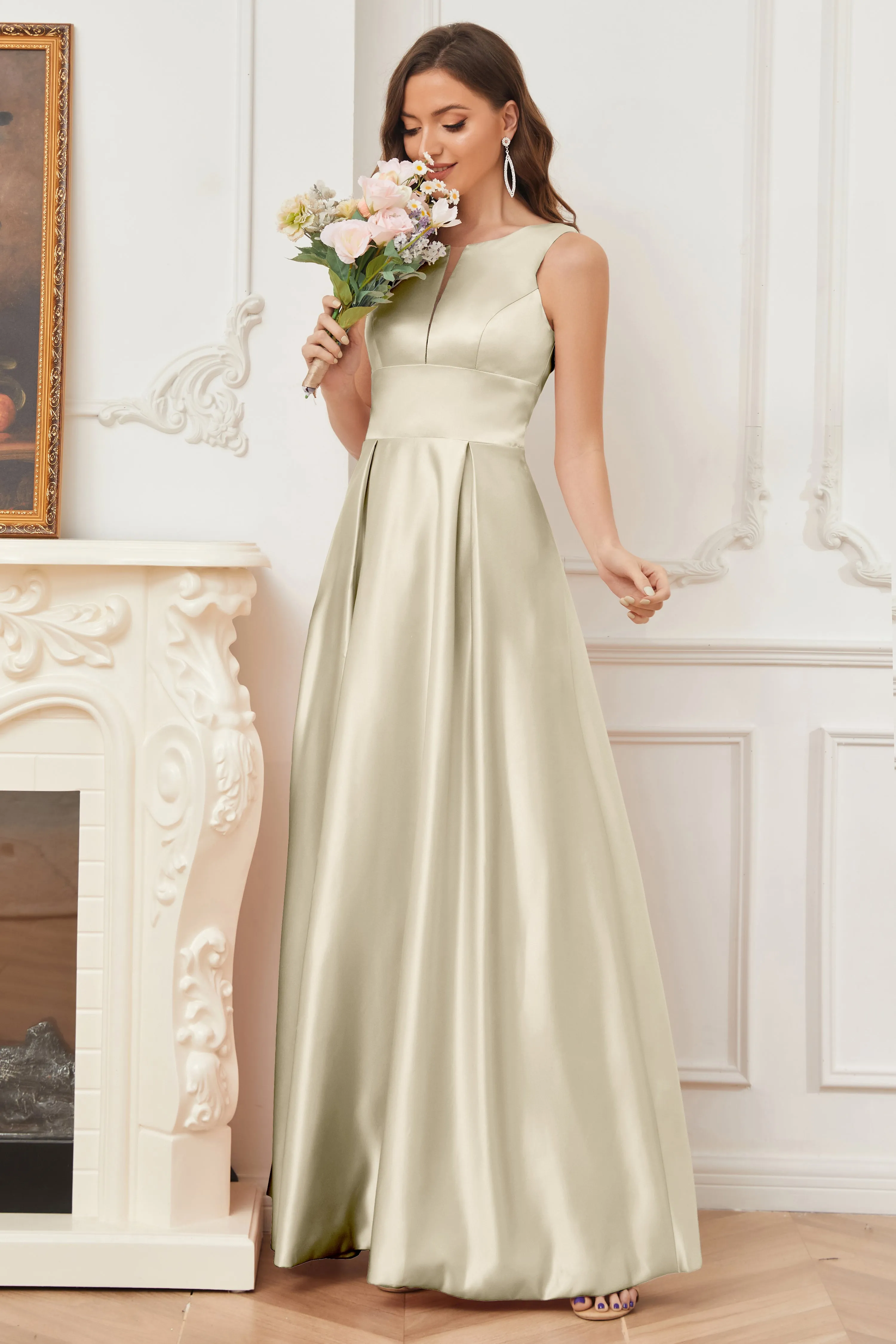 A-line Sleeveless Satin Long Bridesmaid Dresses with Pockets