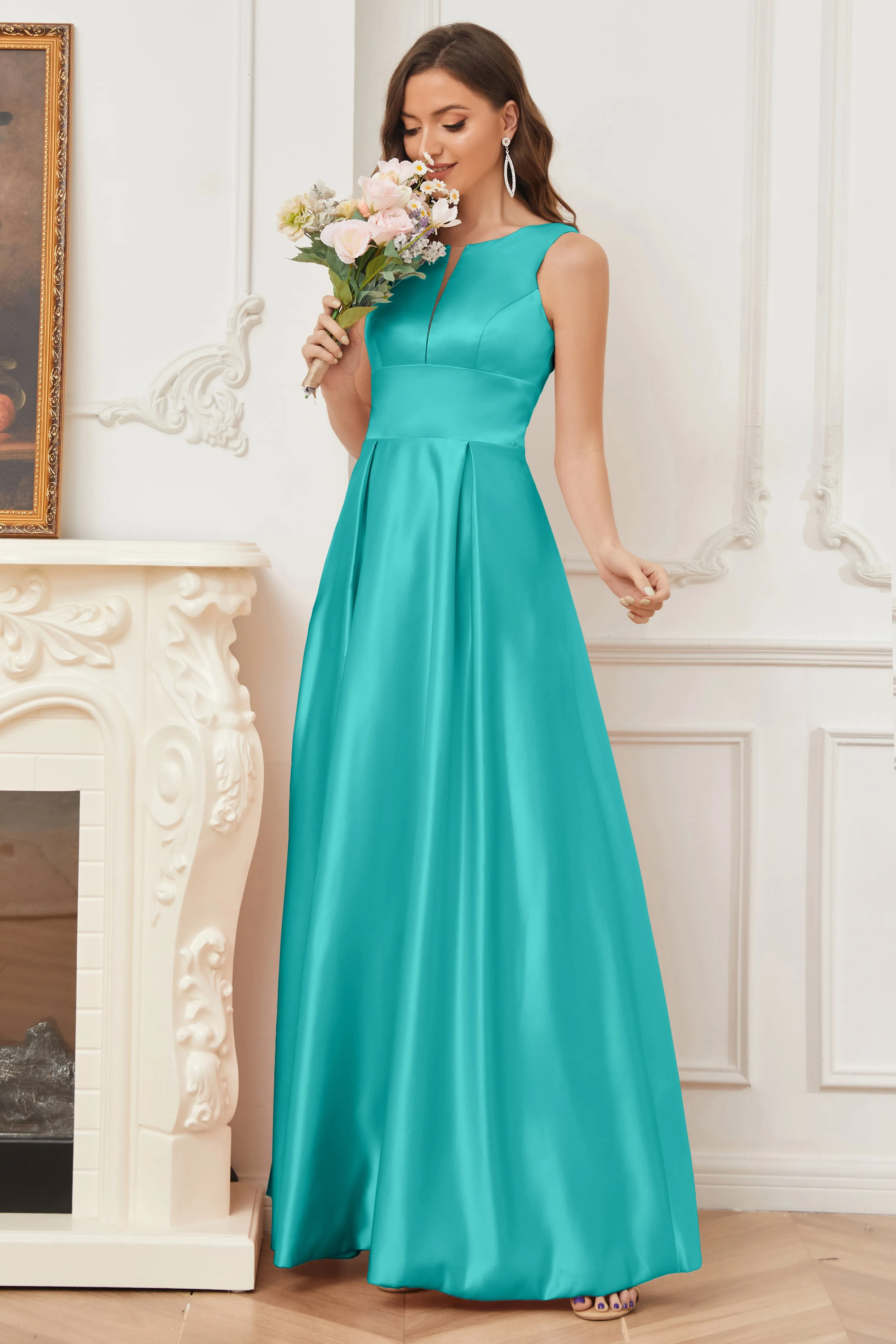 A-line Sleeveless Satin Long Bridesmaid Dresses with Pockets