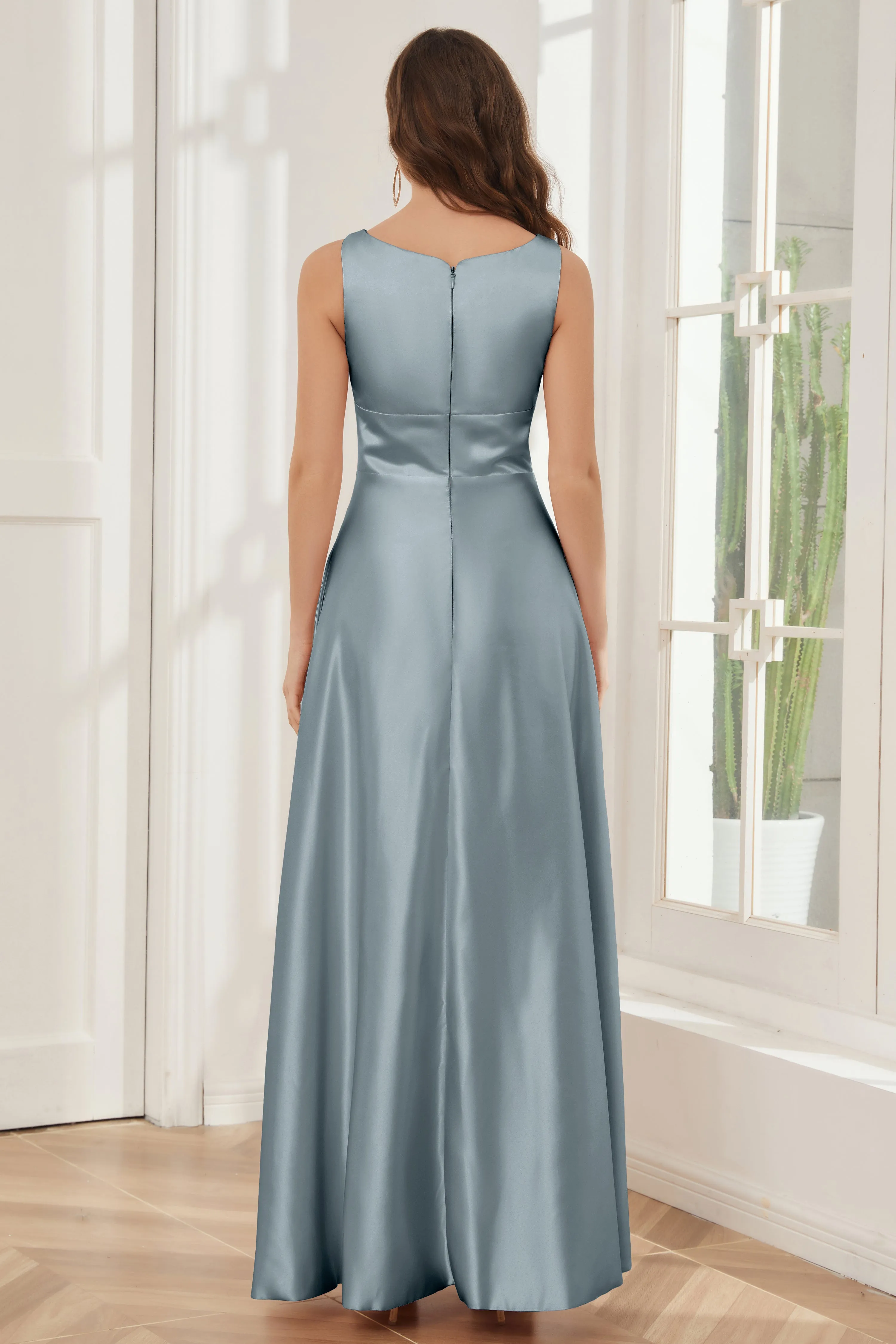 A-line Sleeveless Satin Long Bridesmaid Dresses with Pockets