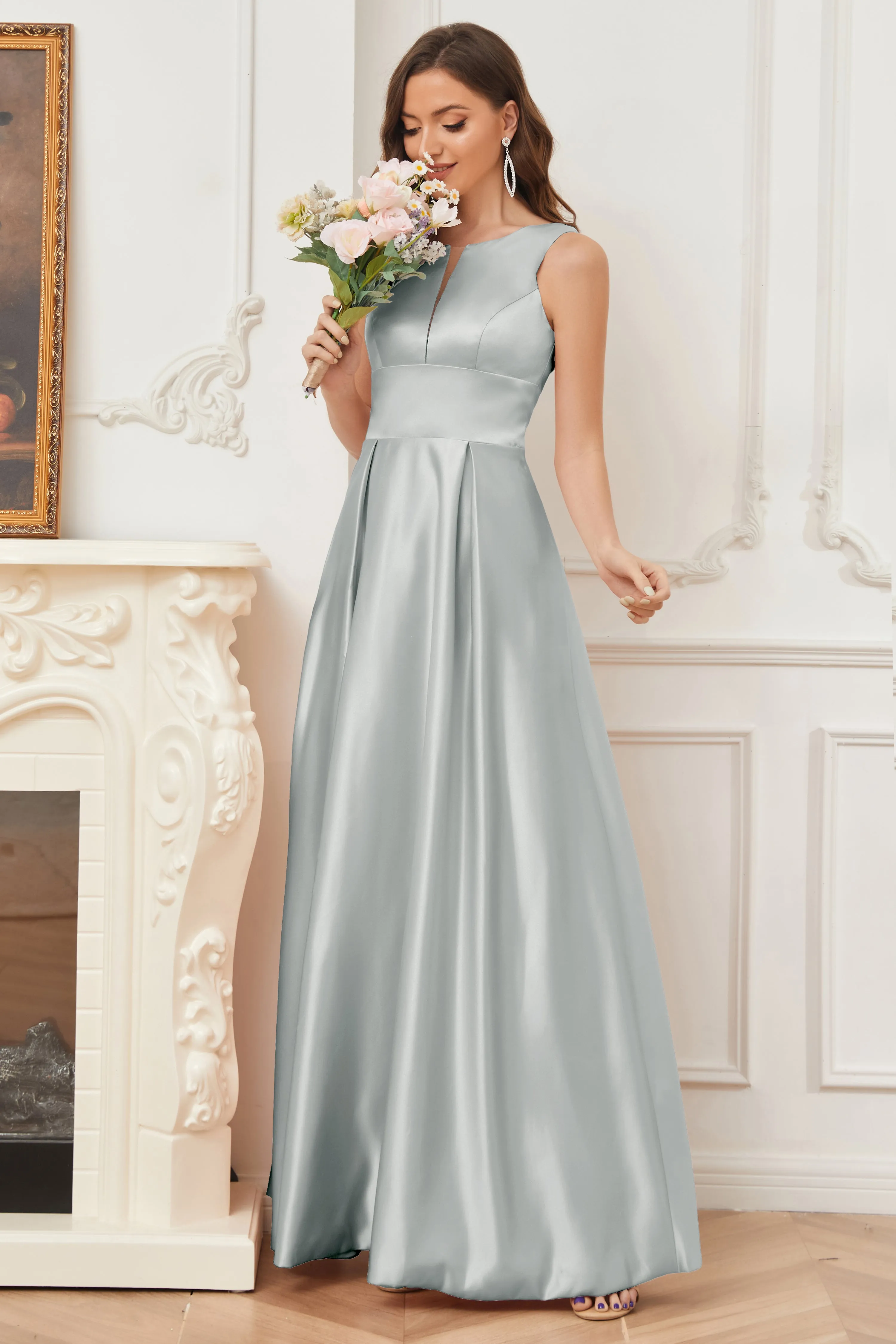 A-line Sleeveless Satin Long Bridesmaid Dresses with Pockets