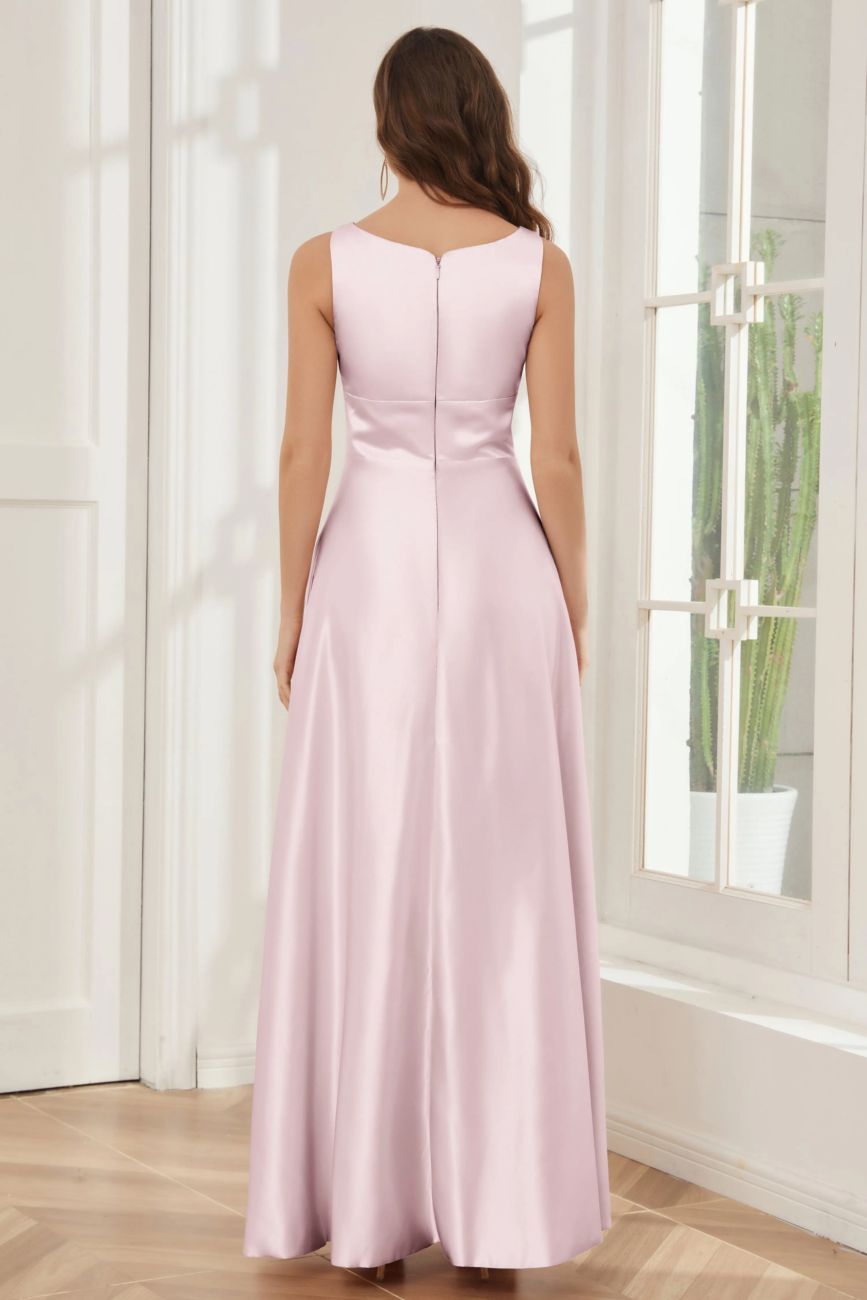 A-line Sleeveless Satin Long Bridesmaid Dresses with Pockets