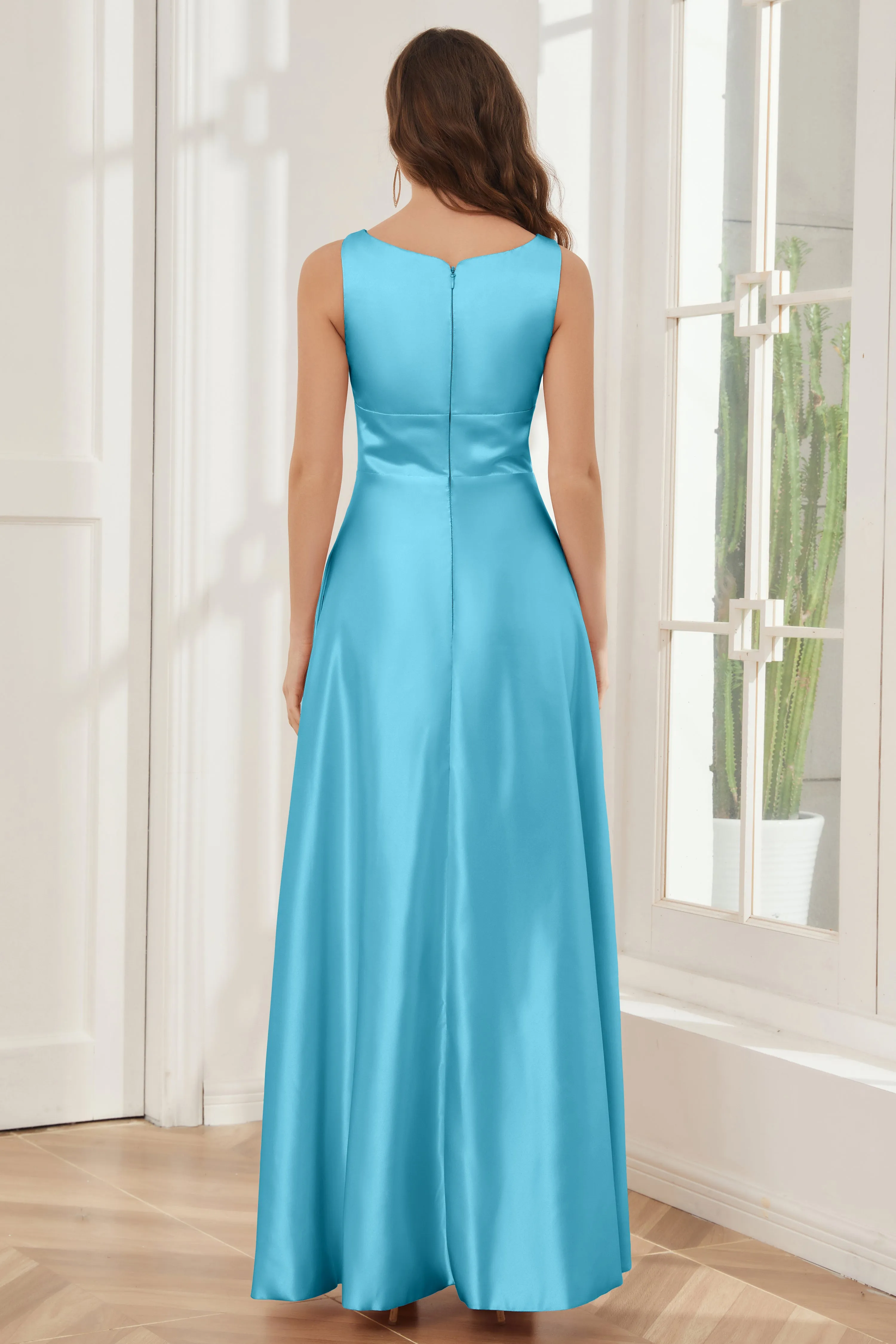 A-line Sleeveless Satin Long Bridesmaid Dresses with Pockets