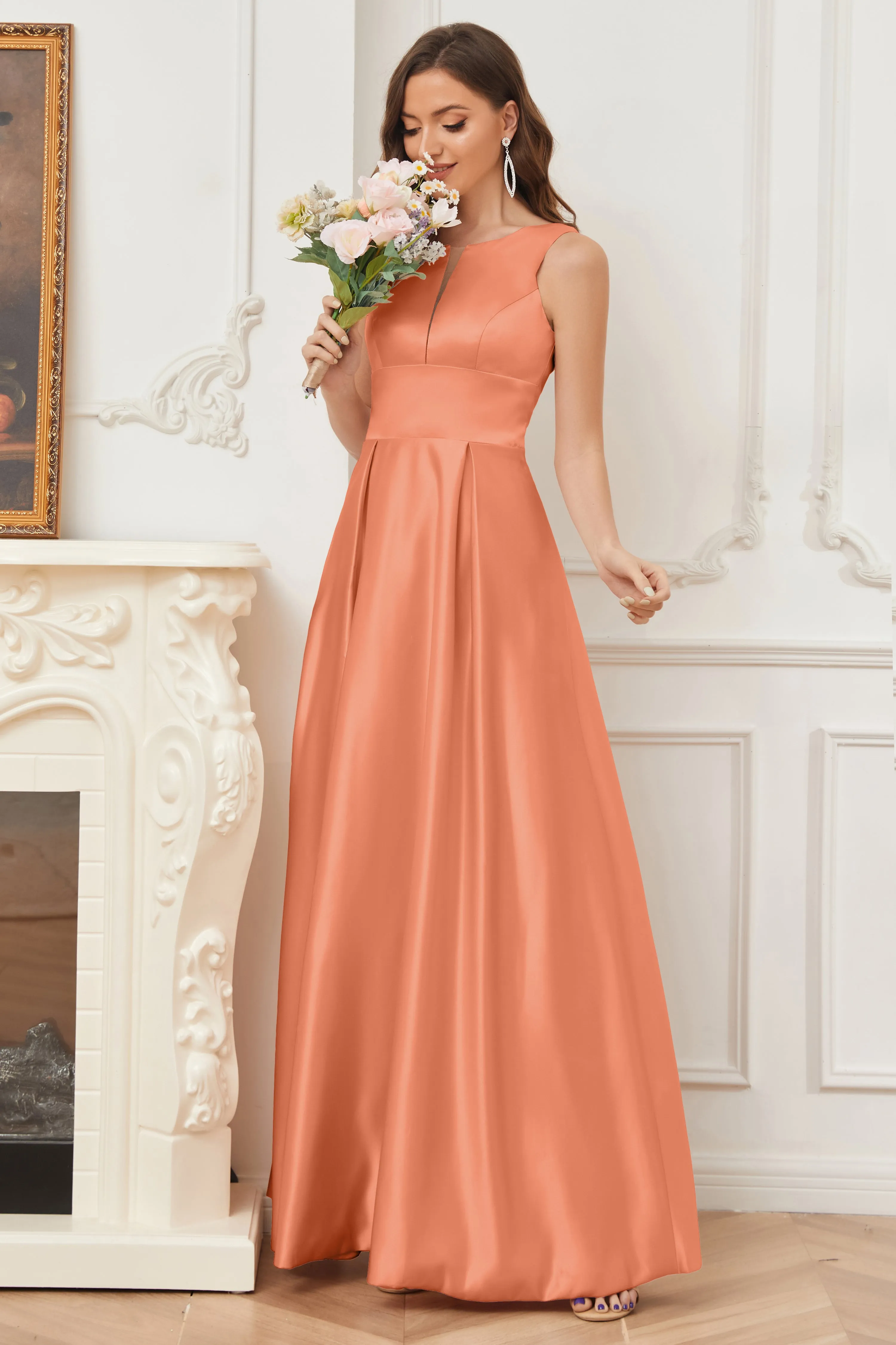 A-line Sleeveless Satin Long Bridesmaid Dresses with Pockets