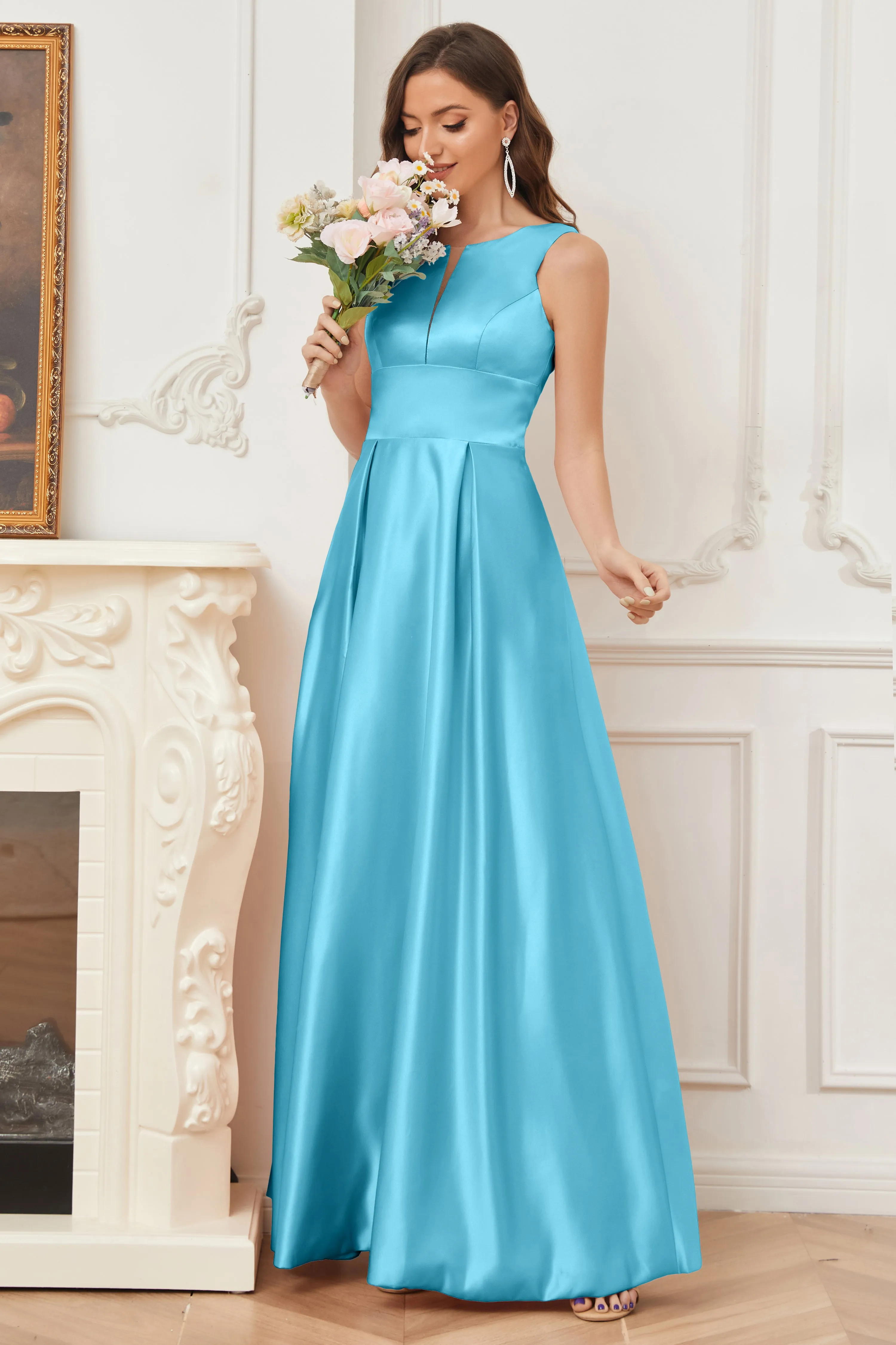 A-line Sleeveless Satin Long Bridesmaid Dresses with Pockets