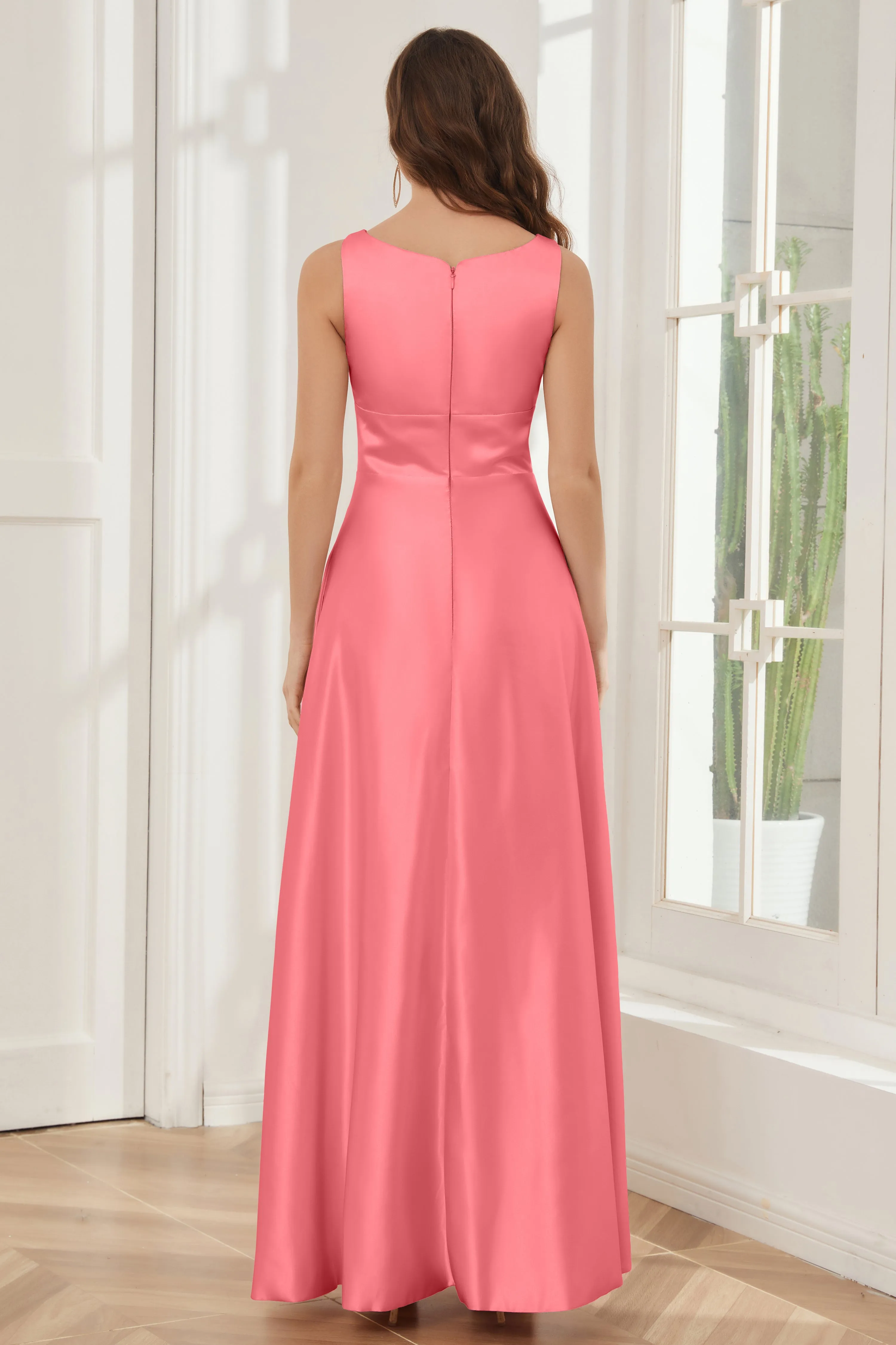 A-line Sleeveless Satin Long Bridesmaid Dresses with Pockets