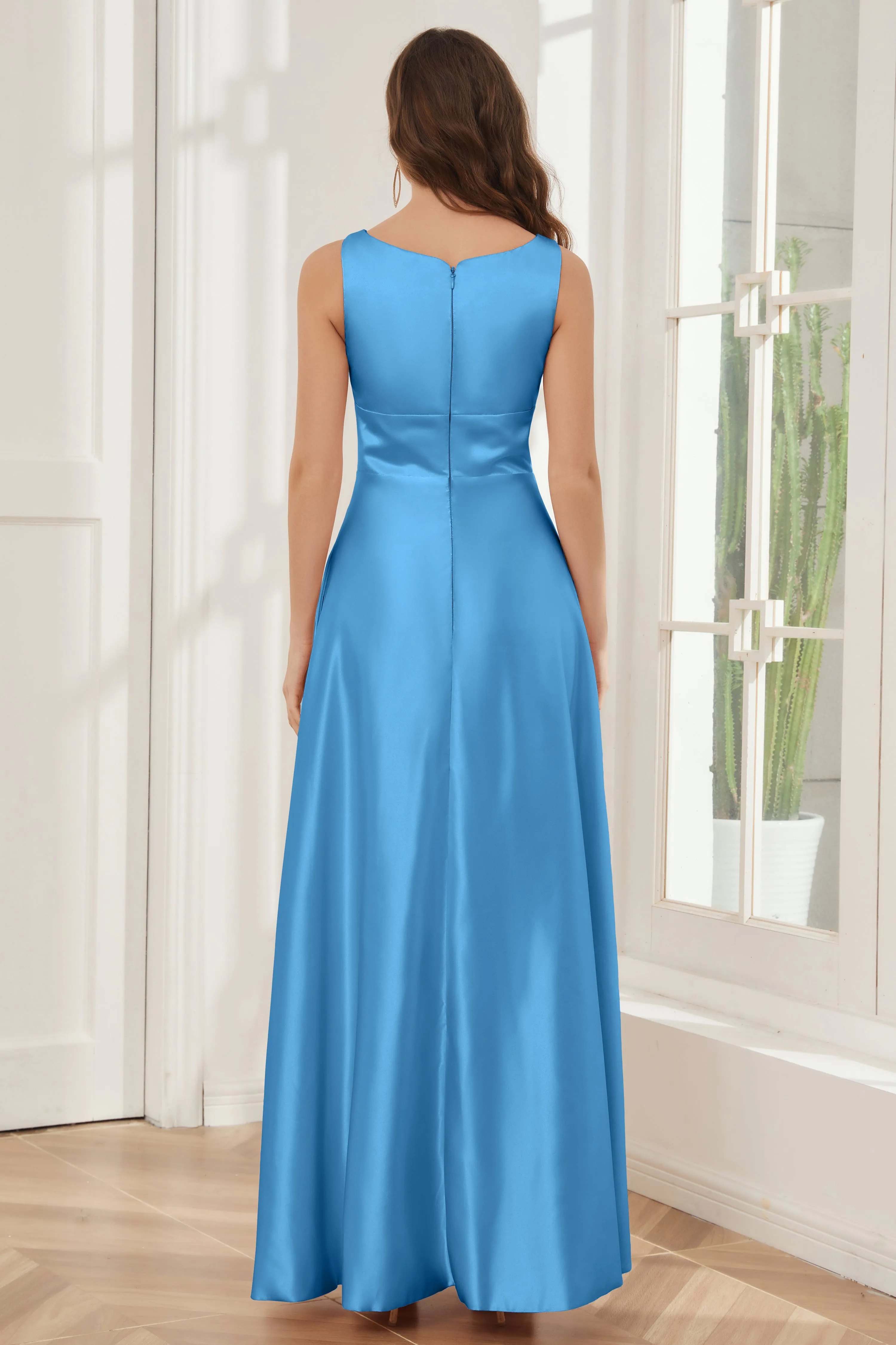 A-line Sleeveless Satin Long Bridesmaid Dresses with Pockets