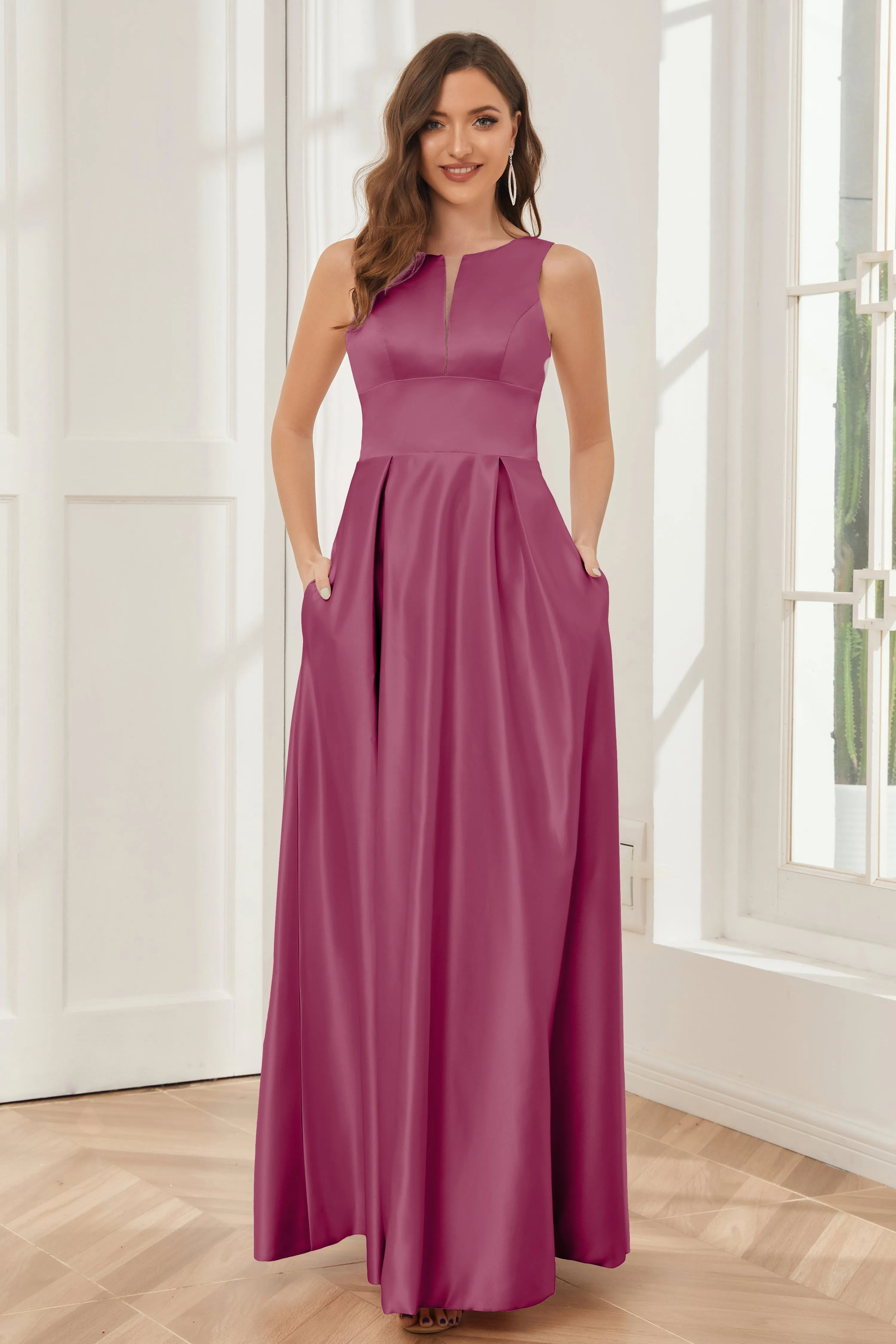 A-line Sleeveless Satin Long Bridesmaid Dresses with Pockets