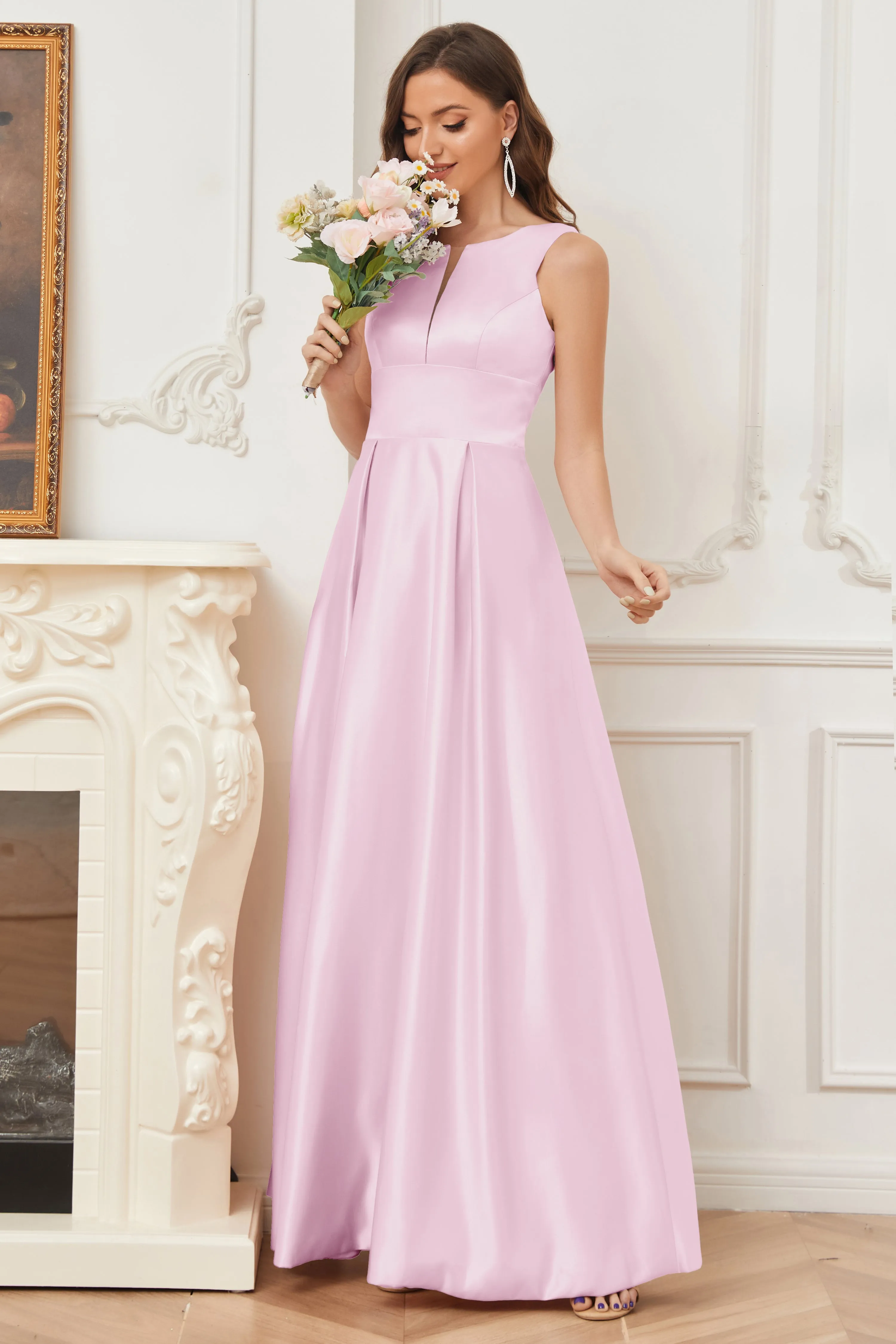 A-line Sleeveless Satin Long Bridesmaid Dresses with Pockets