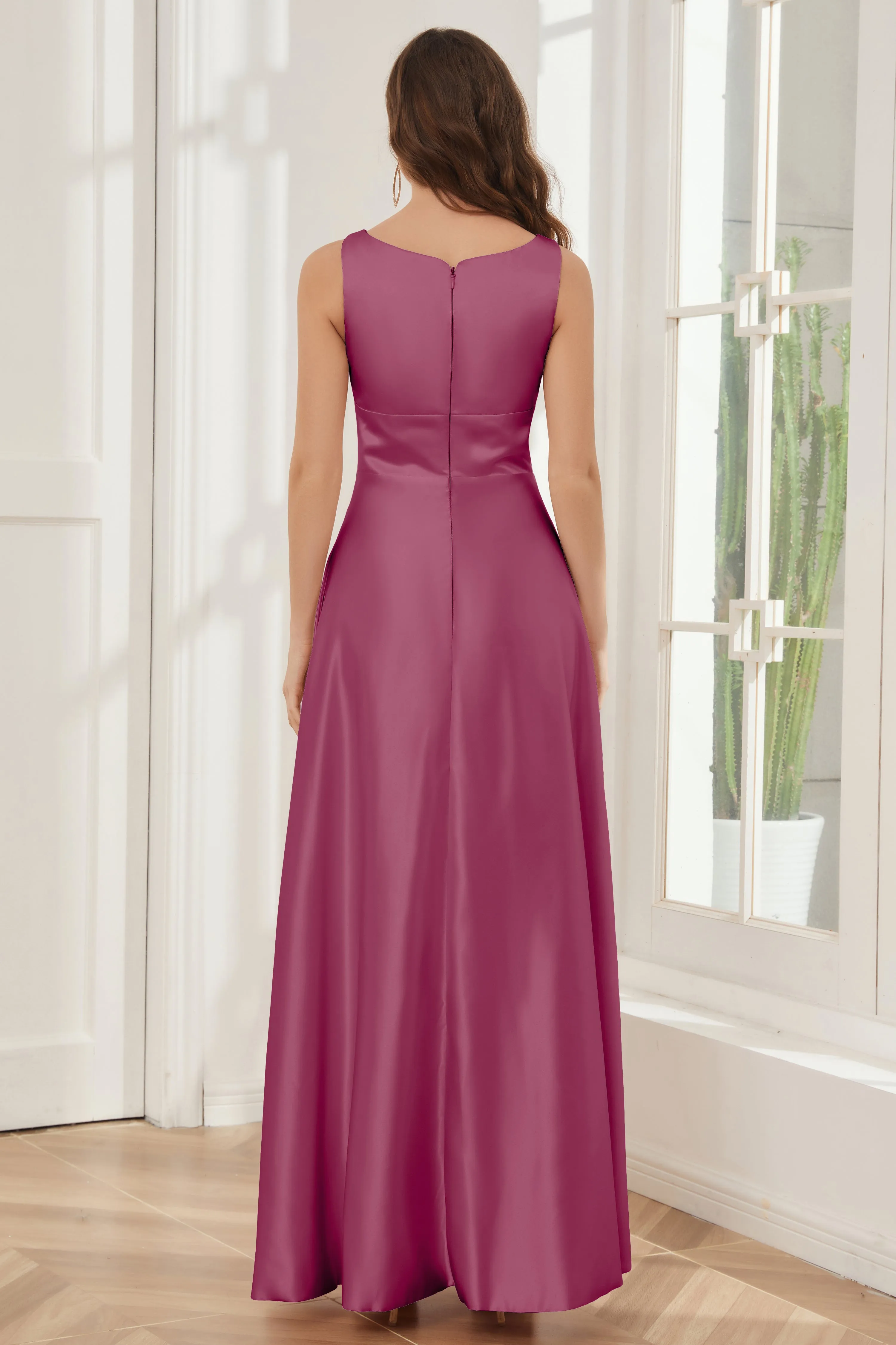 A-line Sleeveless Satin Long Bridesmaid Dresses with Pockets