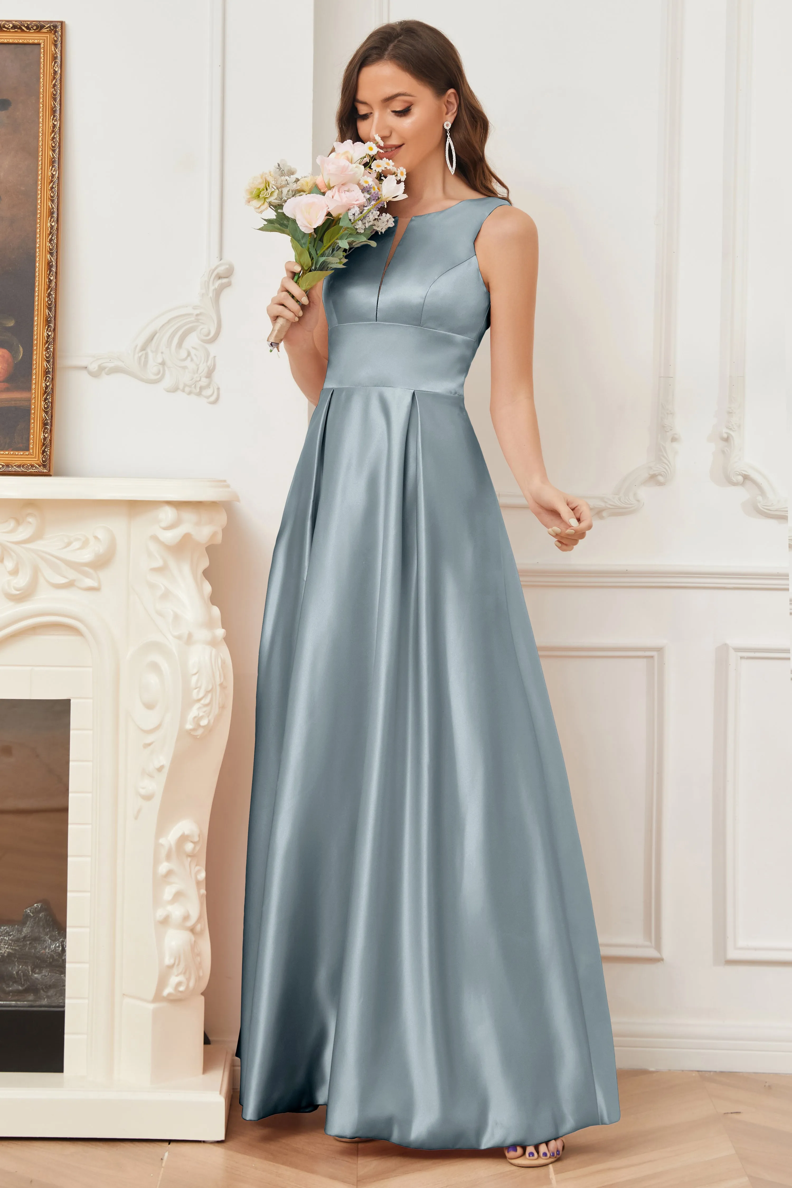 A-line Sleeveless Satin Long Bridesmaid Dresses with Pockets