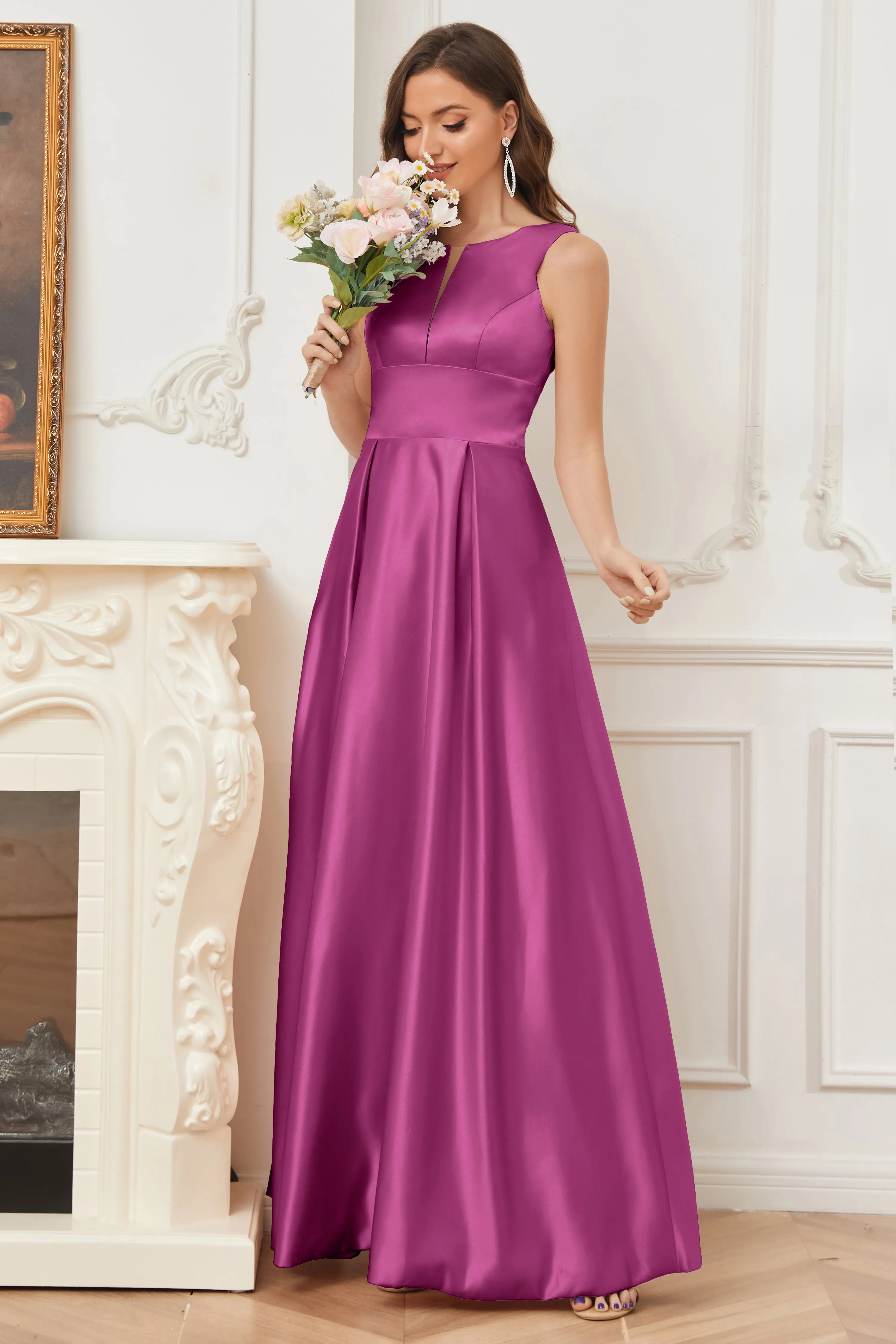 A-line Sleeveless Satin Long Bridesmaid Dresses with Pockets
