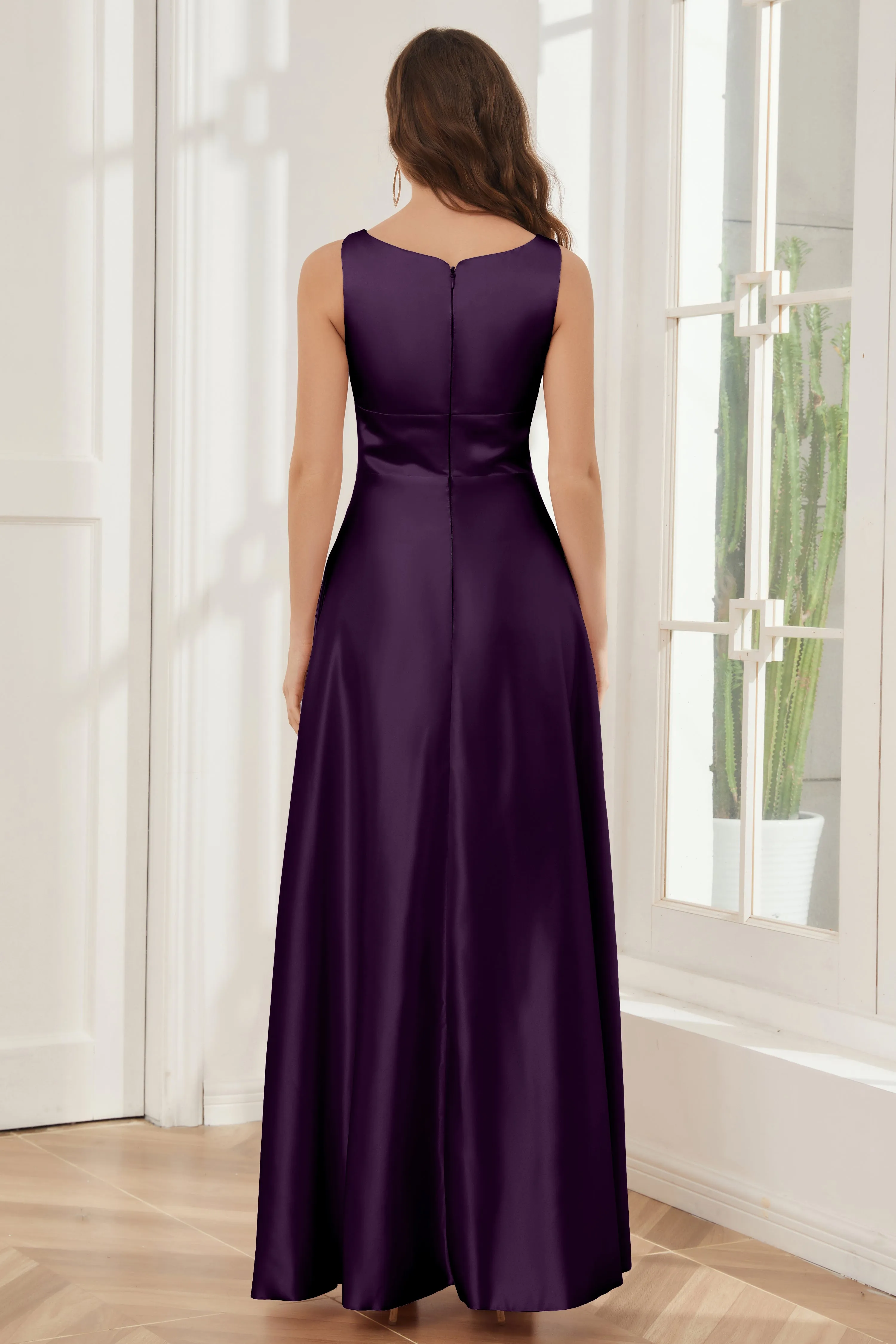 A-line Sleeveless Satin Long Bridesmaid Dresses with Pockets