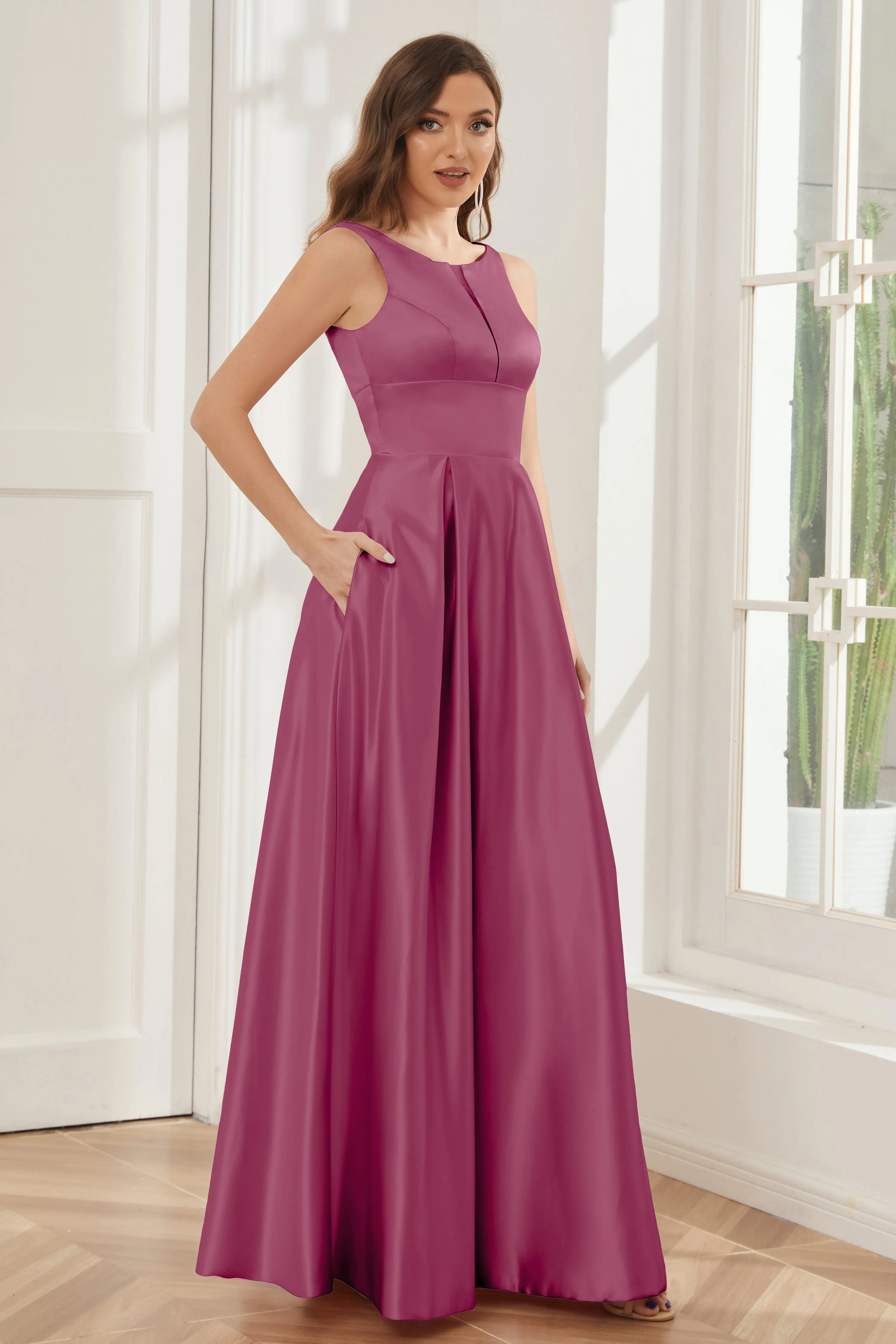 A-line Sleeveless Satin Long Bridesmaid Dresses with Pockets