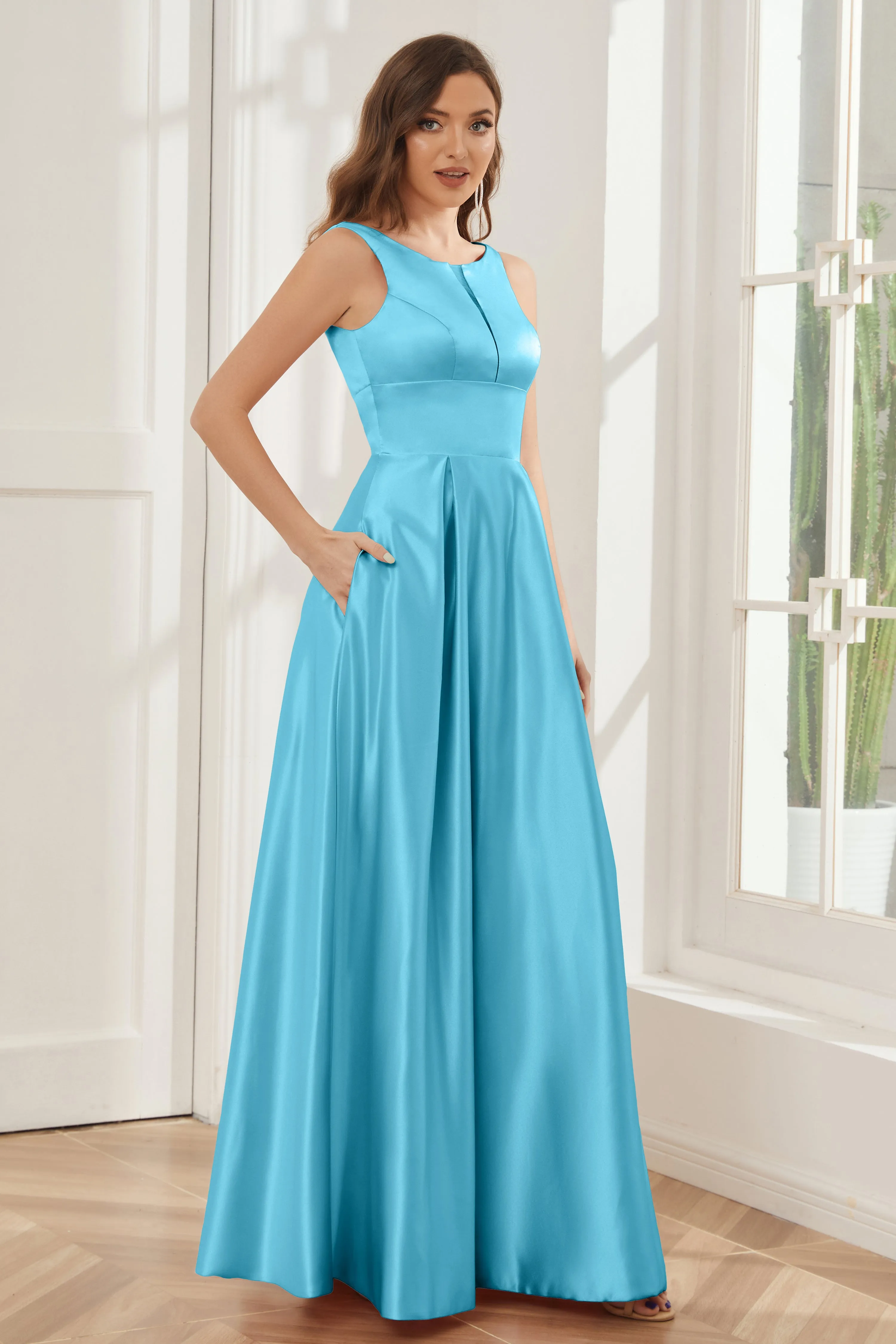 A-line Sleeveless Satin Long Bridesmaid Dresses with Pockets