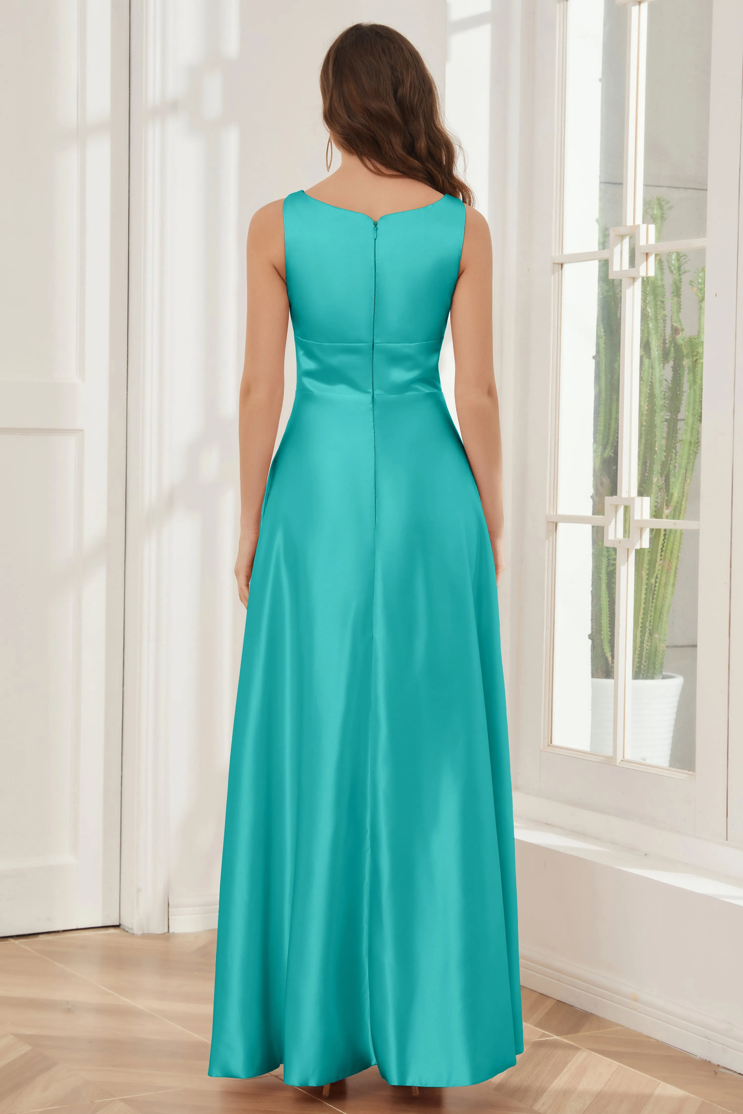 A-line Sleeveless Satin Long Bridesmaid Dresses with Pockets