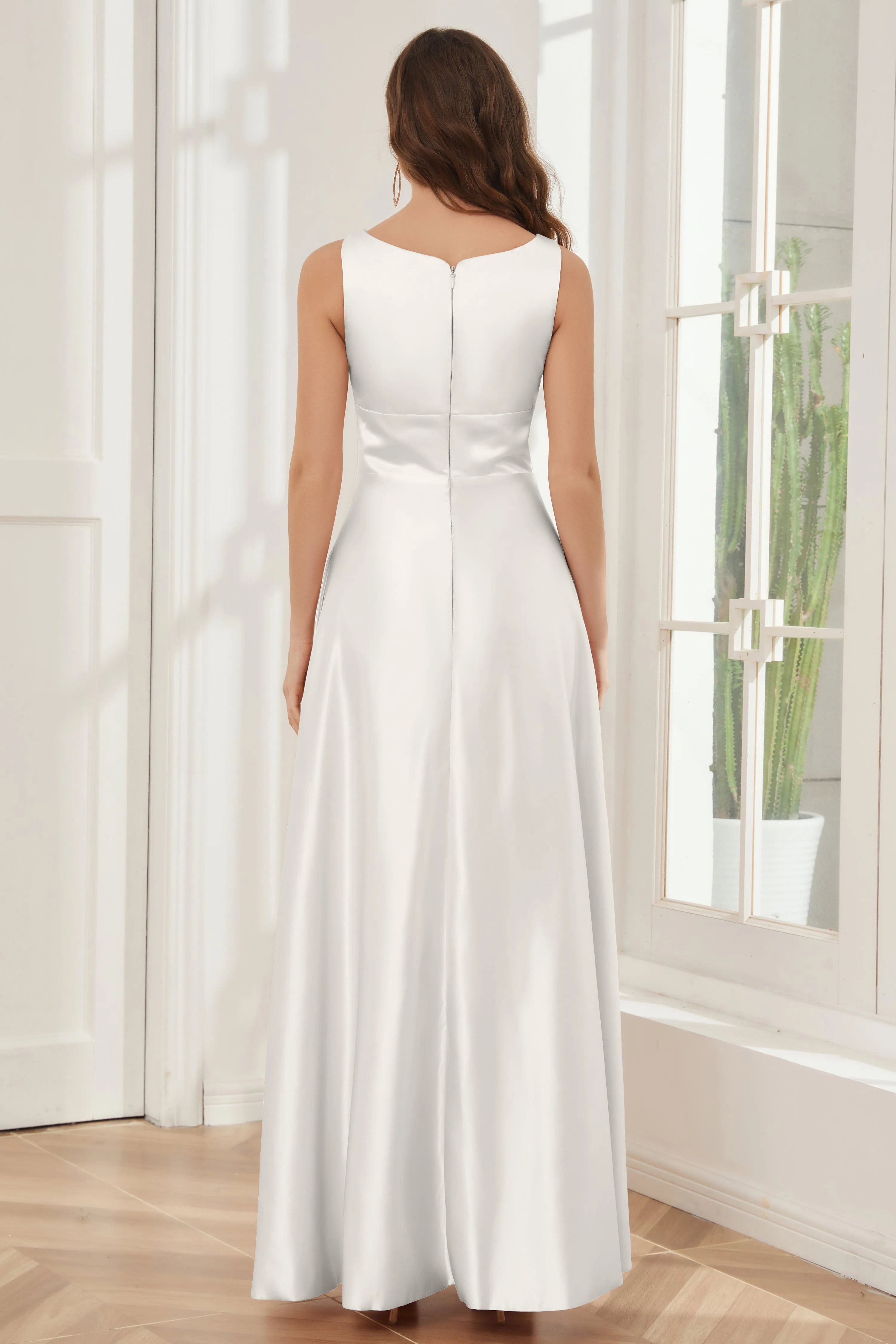 A-line Sleeveless Satin Long Bridesmaid Dresses with Pockets