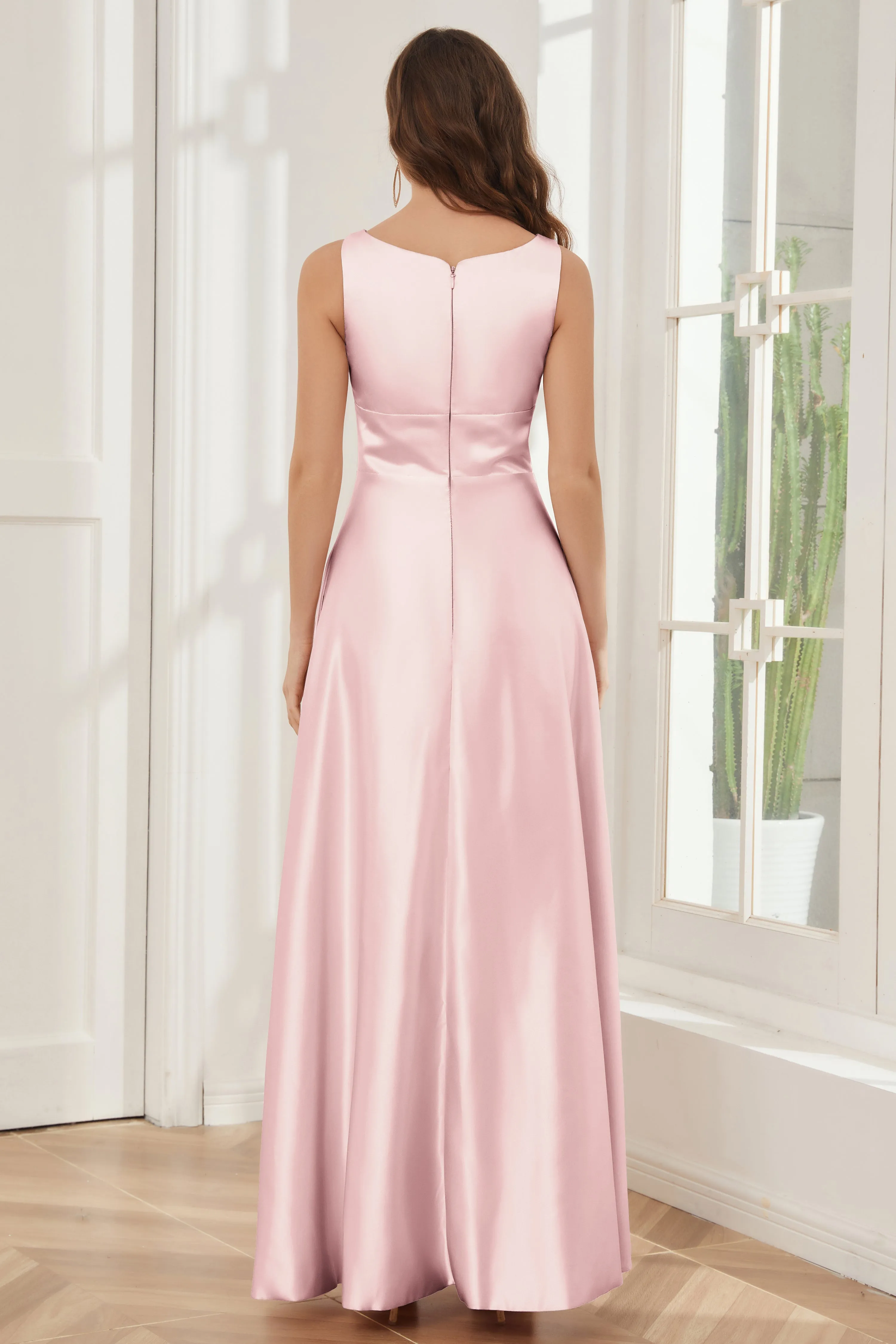 A-line Sleeveless Satin Long Bridesmaid Dresses with Pockets