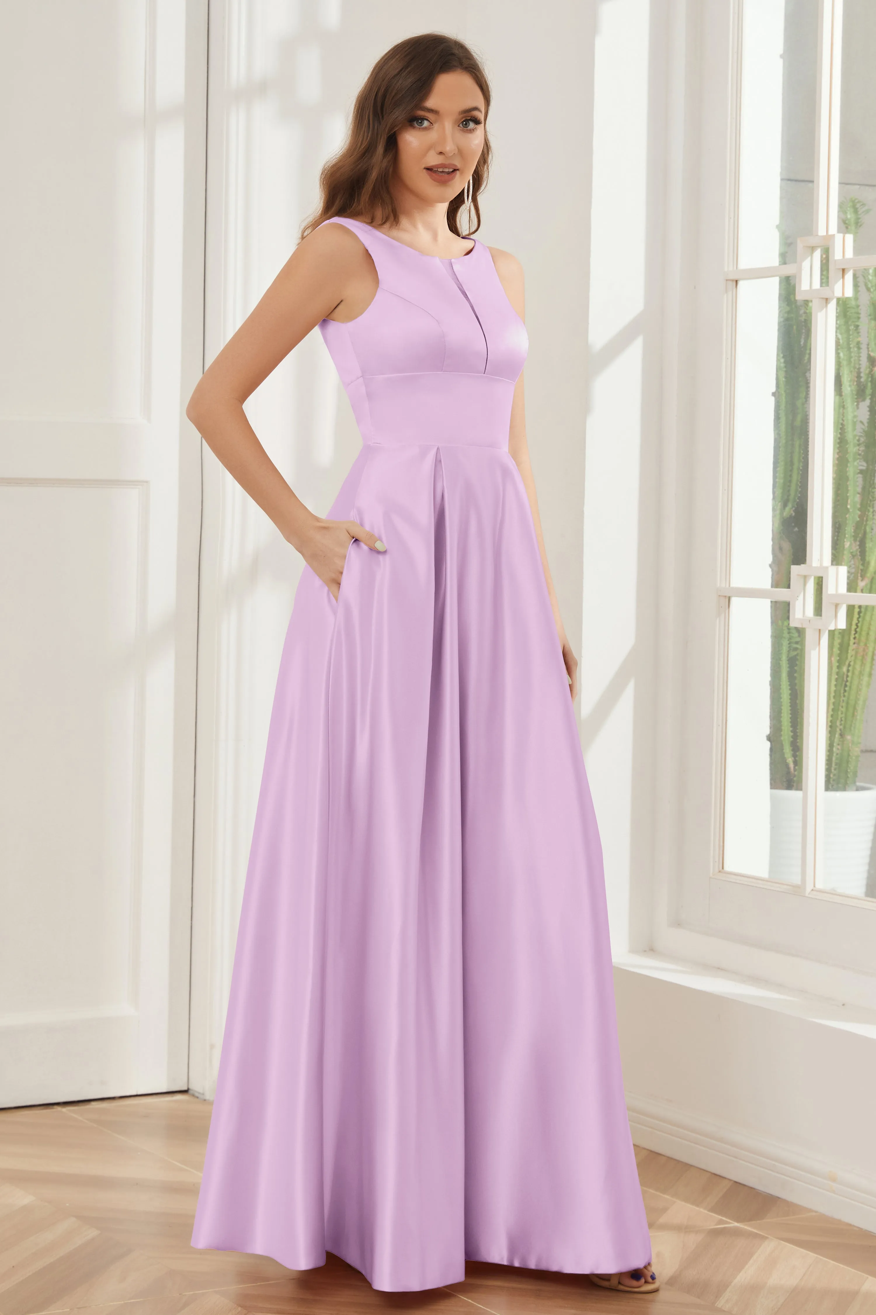 A-line Sleeveless Satin Long Bridesmaid Dresses with Pockets