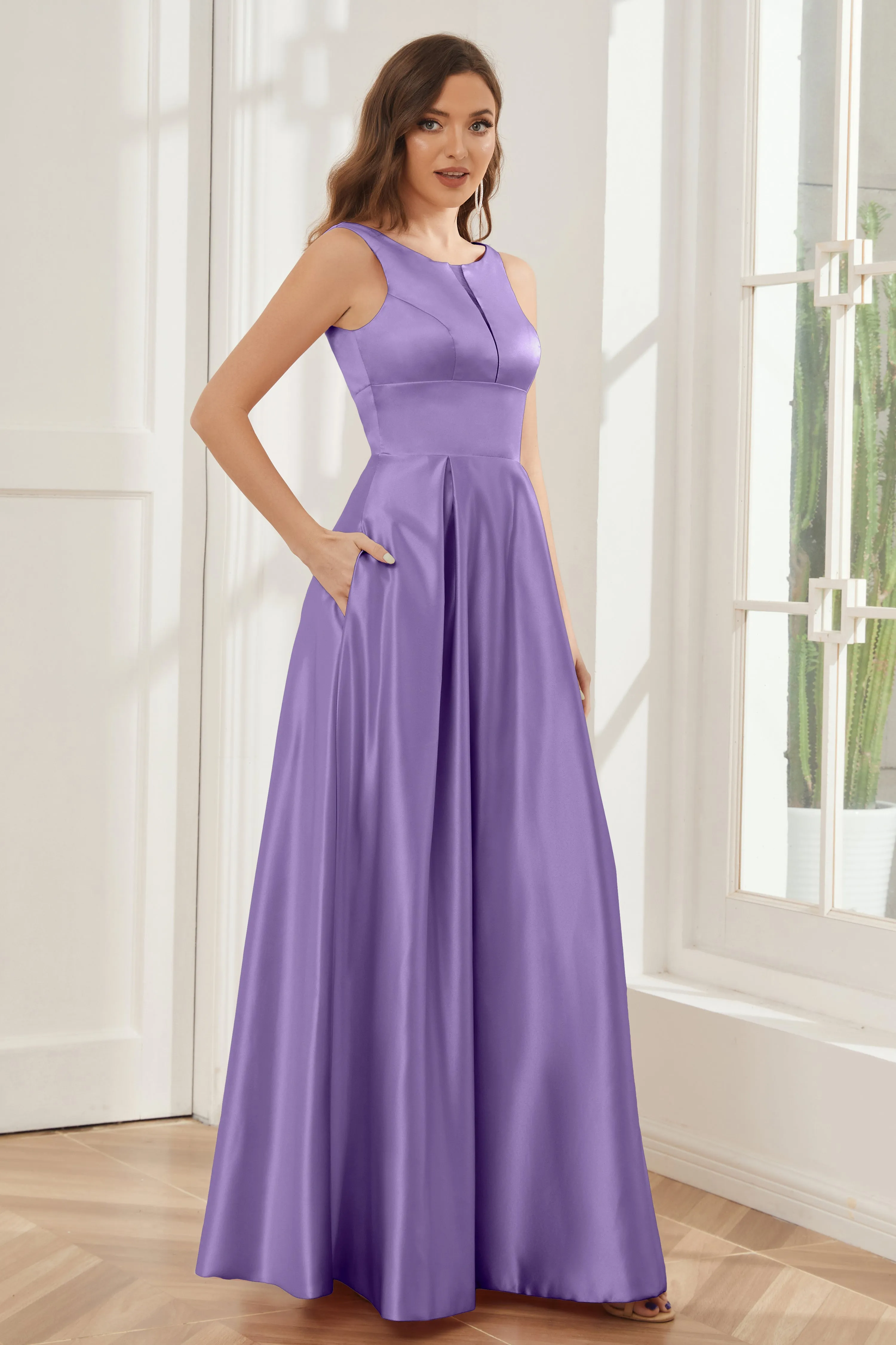 A-line Sleeveless Satin Long Bridesmaid Dresses with Pockets