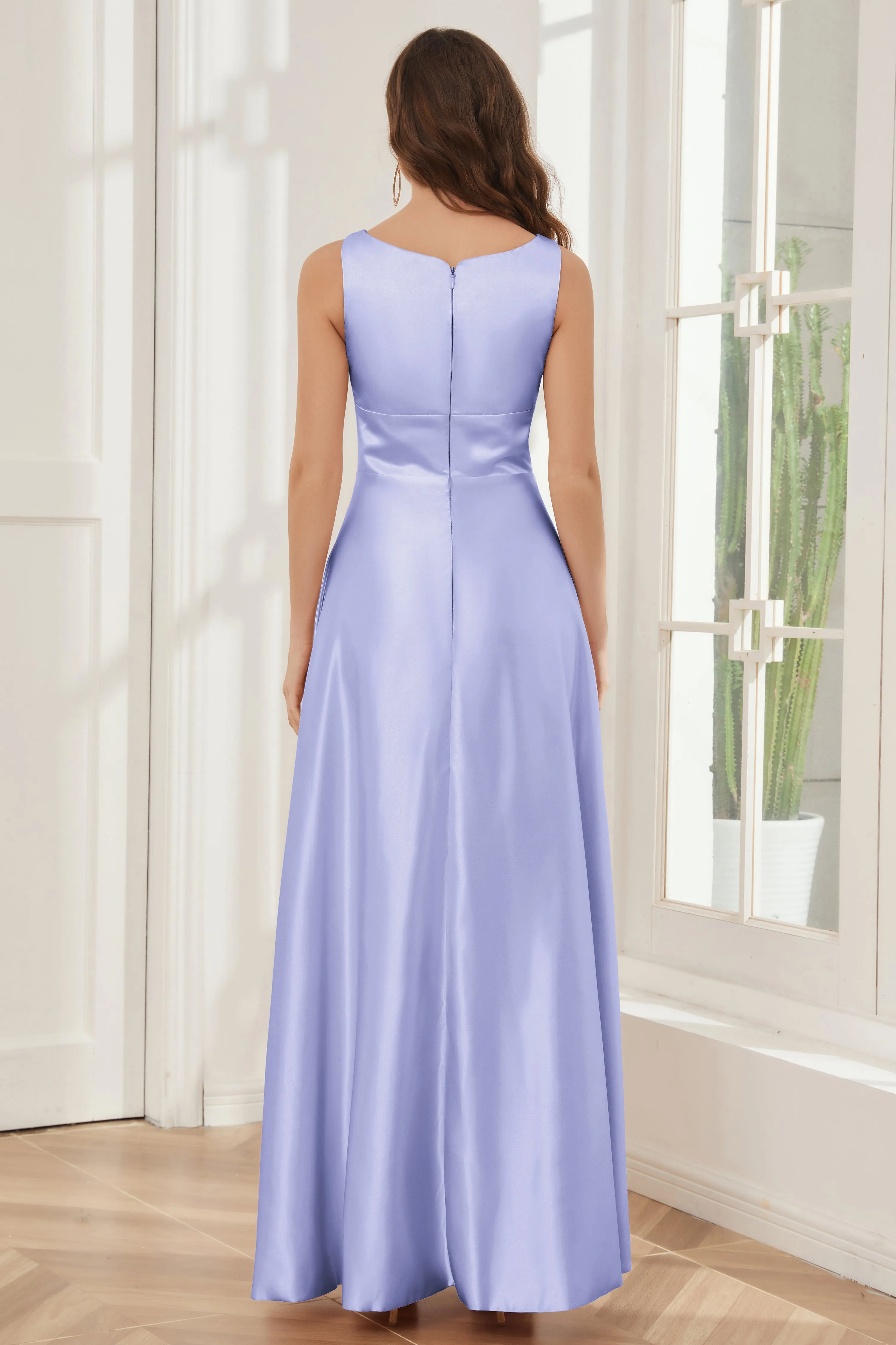 A-line Sleeveless Satin Long Bridesmaid Dresses with Pockets