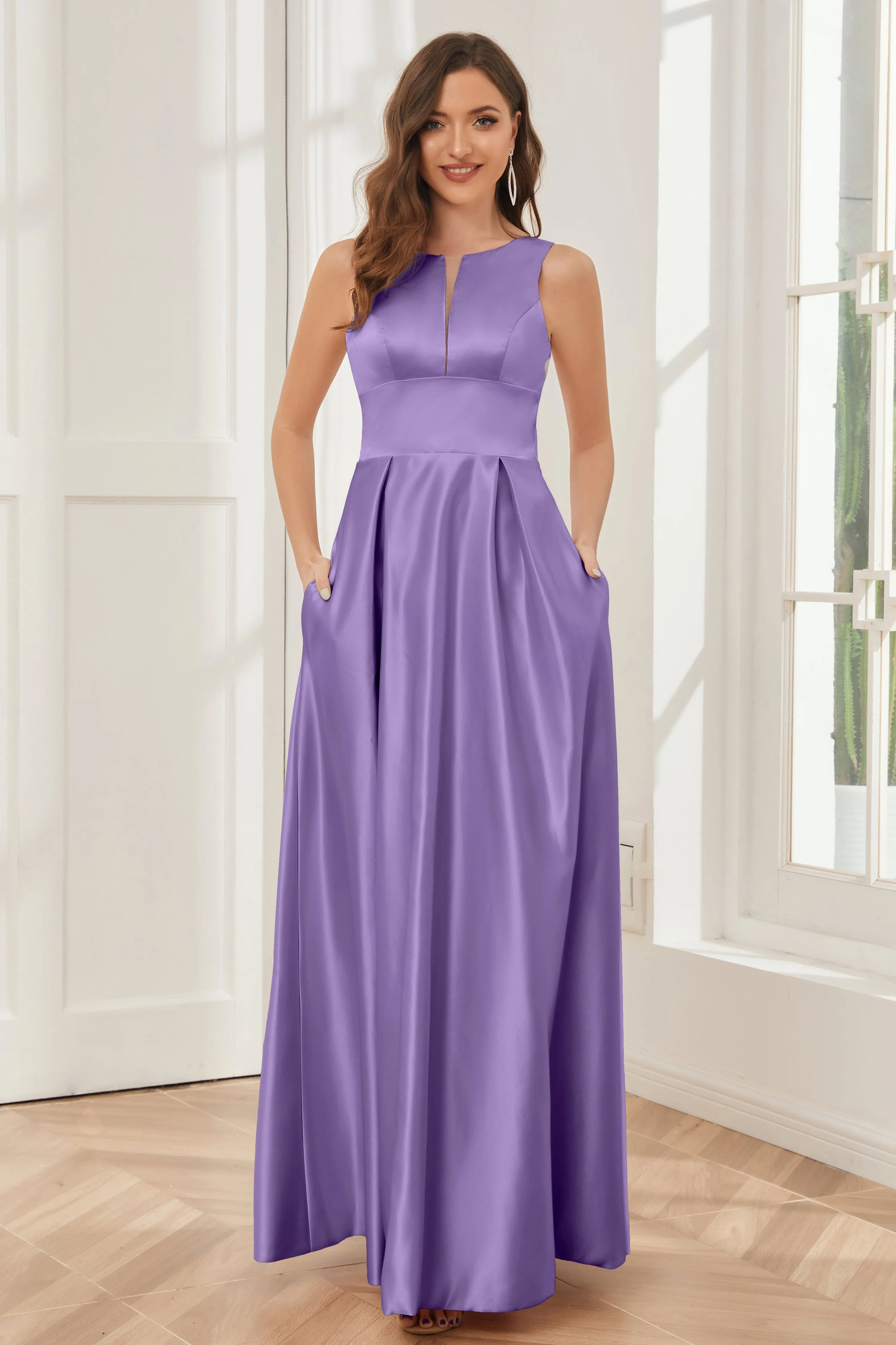 A-line Sleeveless Satin Long Bridesmaid Dresses with Pockets