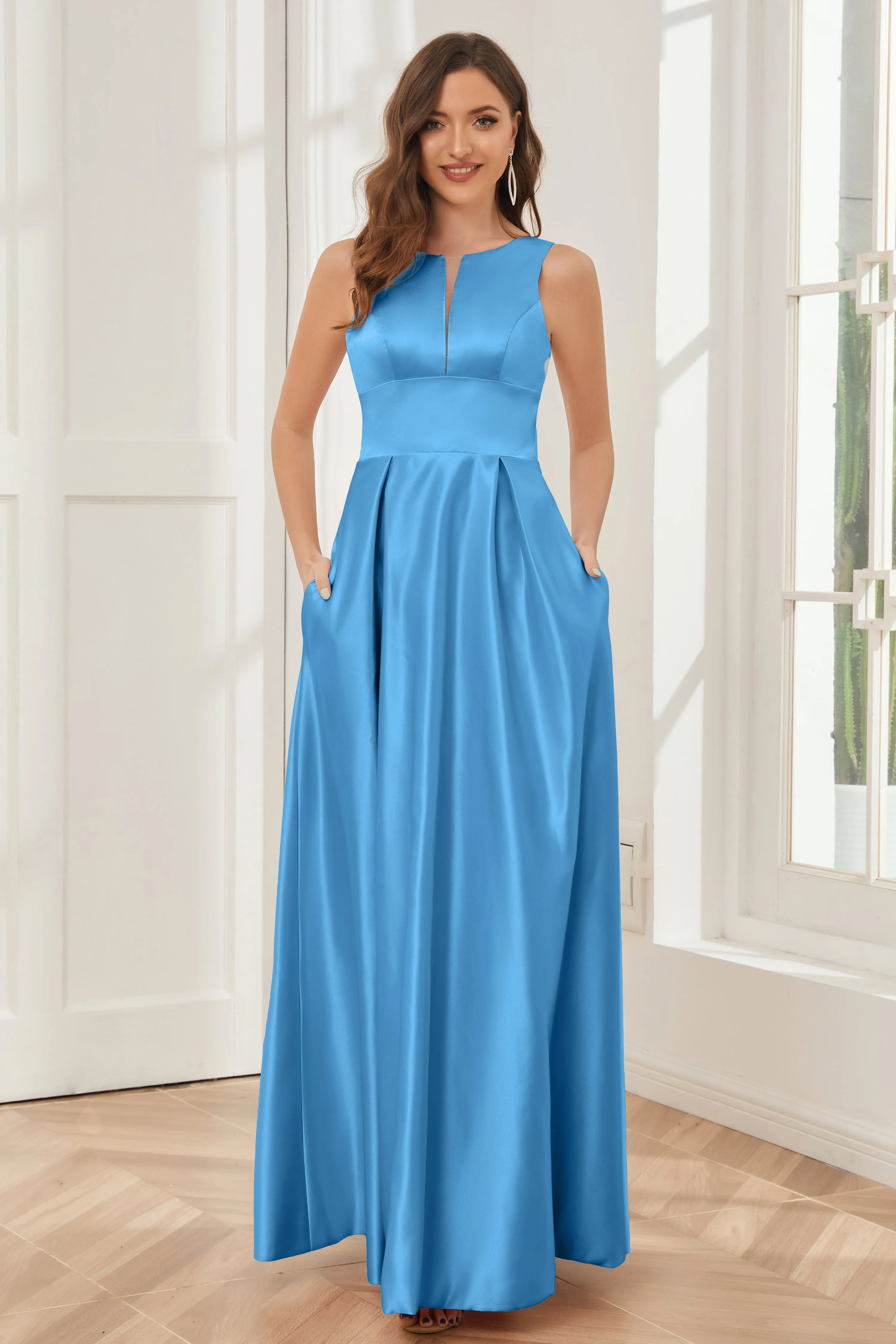 A-line Sleeveless Satin Long Bridesmaid Dresses with Pockets