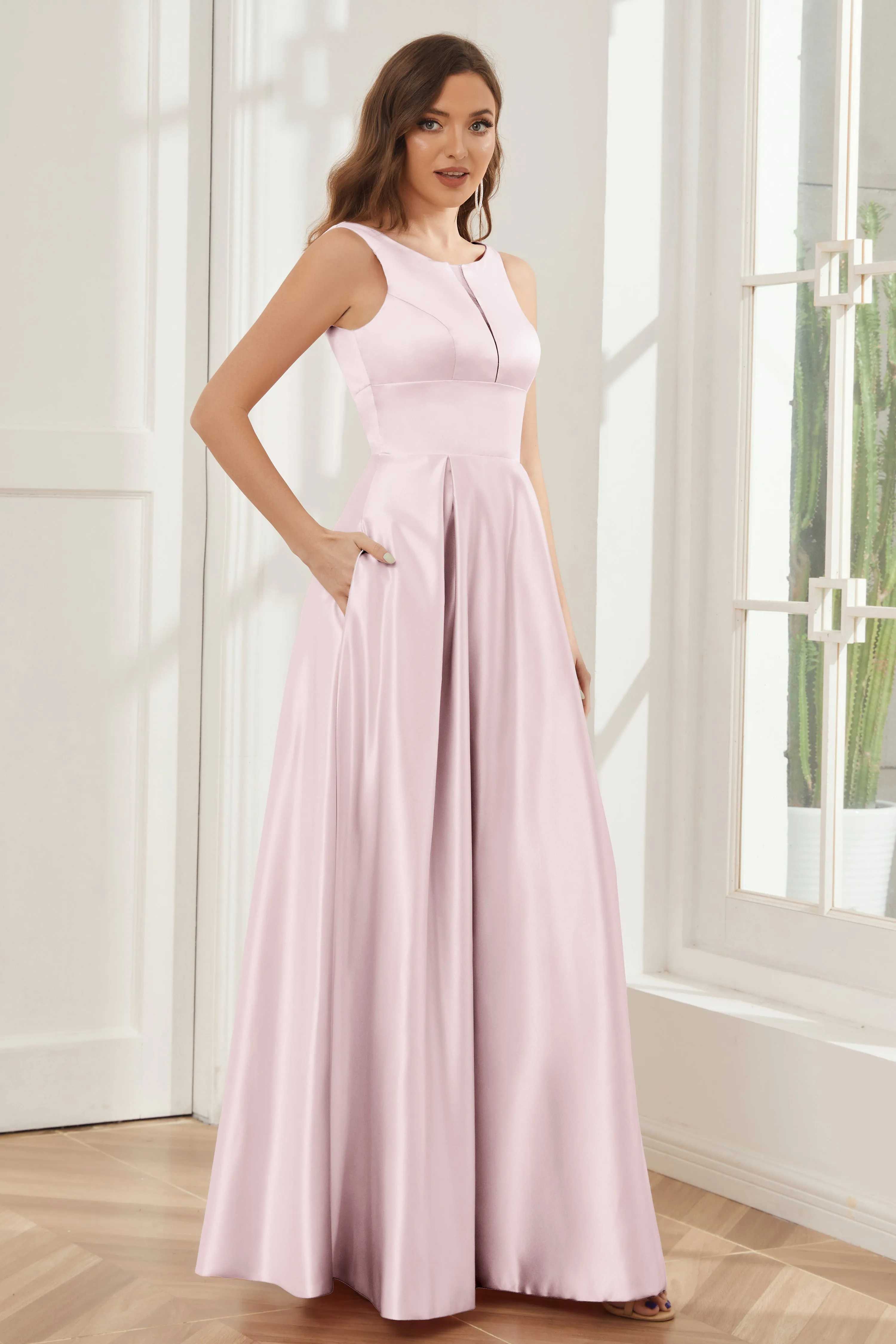 A-line Sleeveless Satin Long Bridesmaid Dresses with Pockets