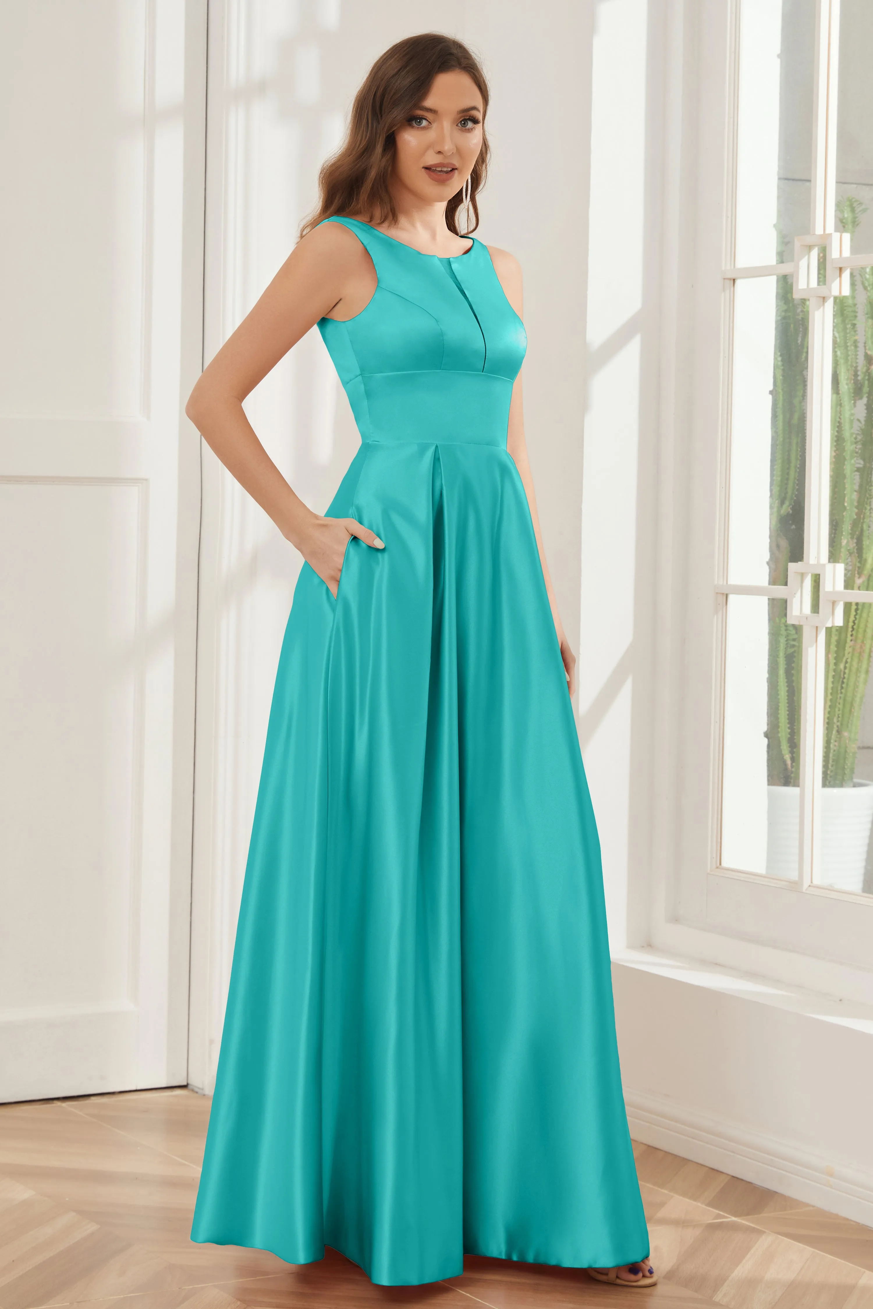 A-line Sleeveless Satin Long Bridesmaid Dresses with Pockets