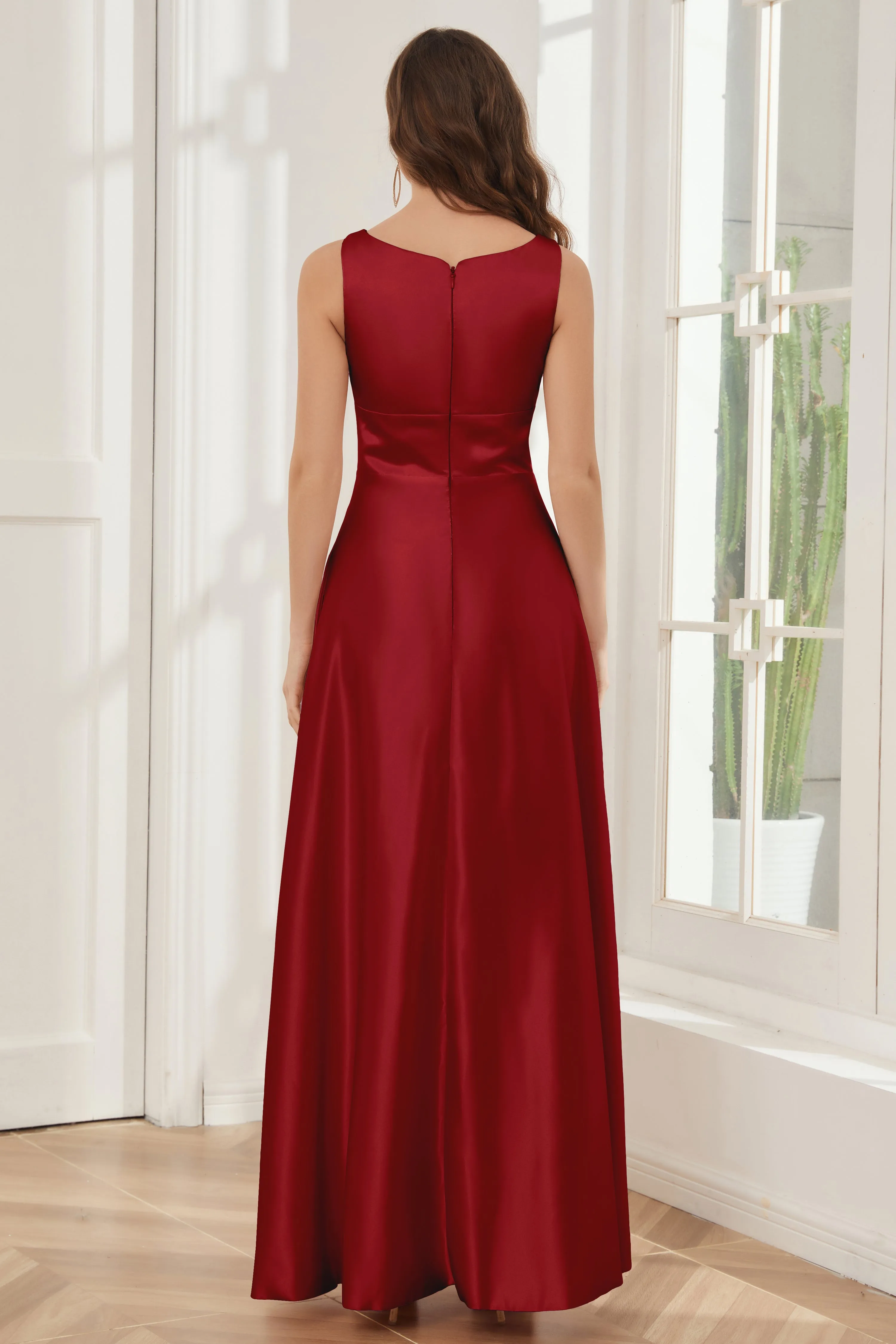 A-line Sleeveless Satin Long Bridesmaid Dresses with Pockets