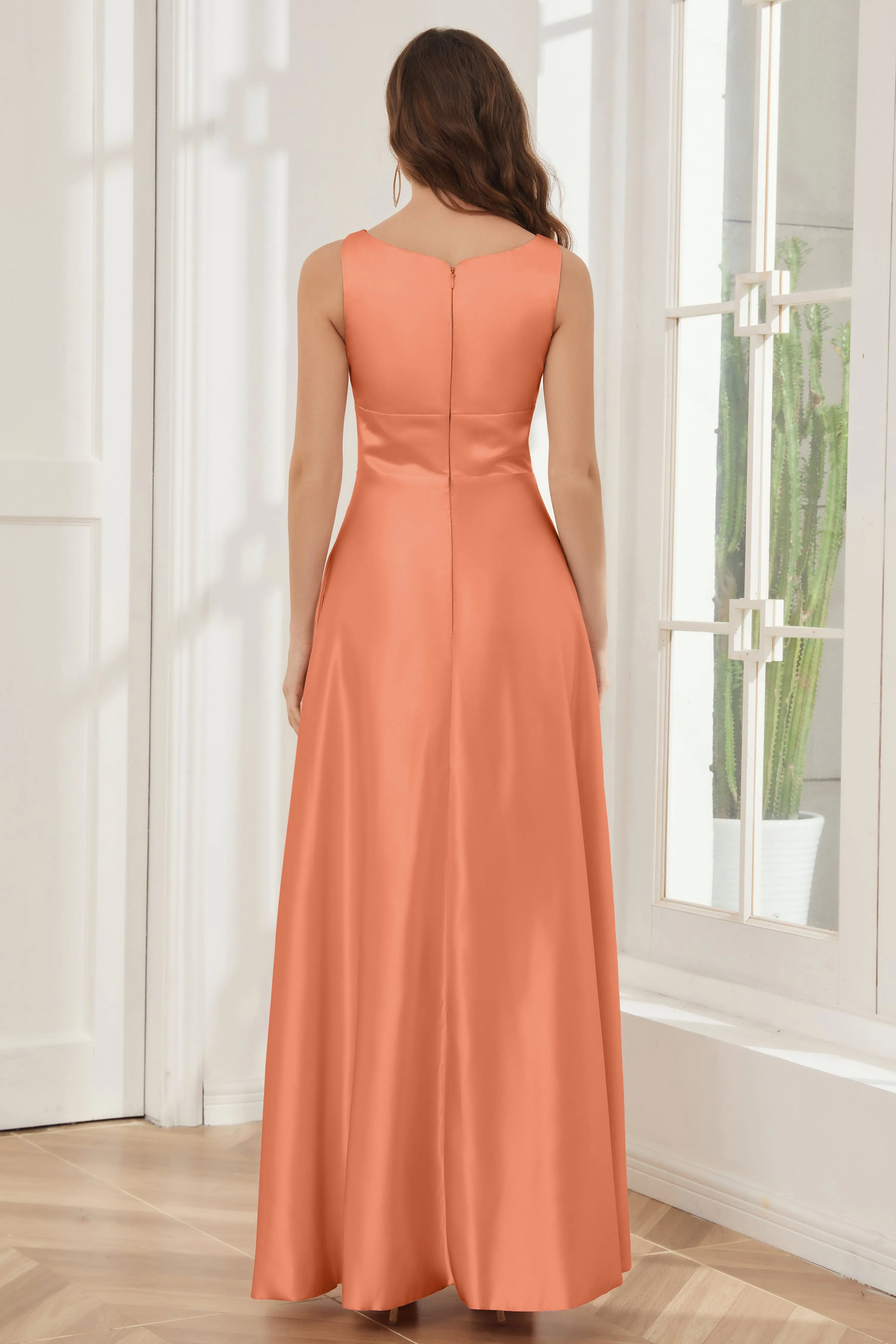A-line Sleeveless Satin Long Bridesmaid Dresses with Pockets