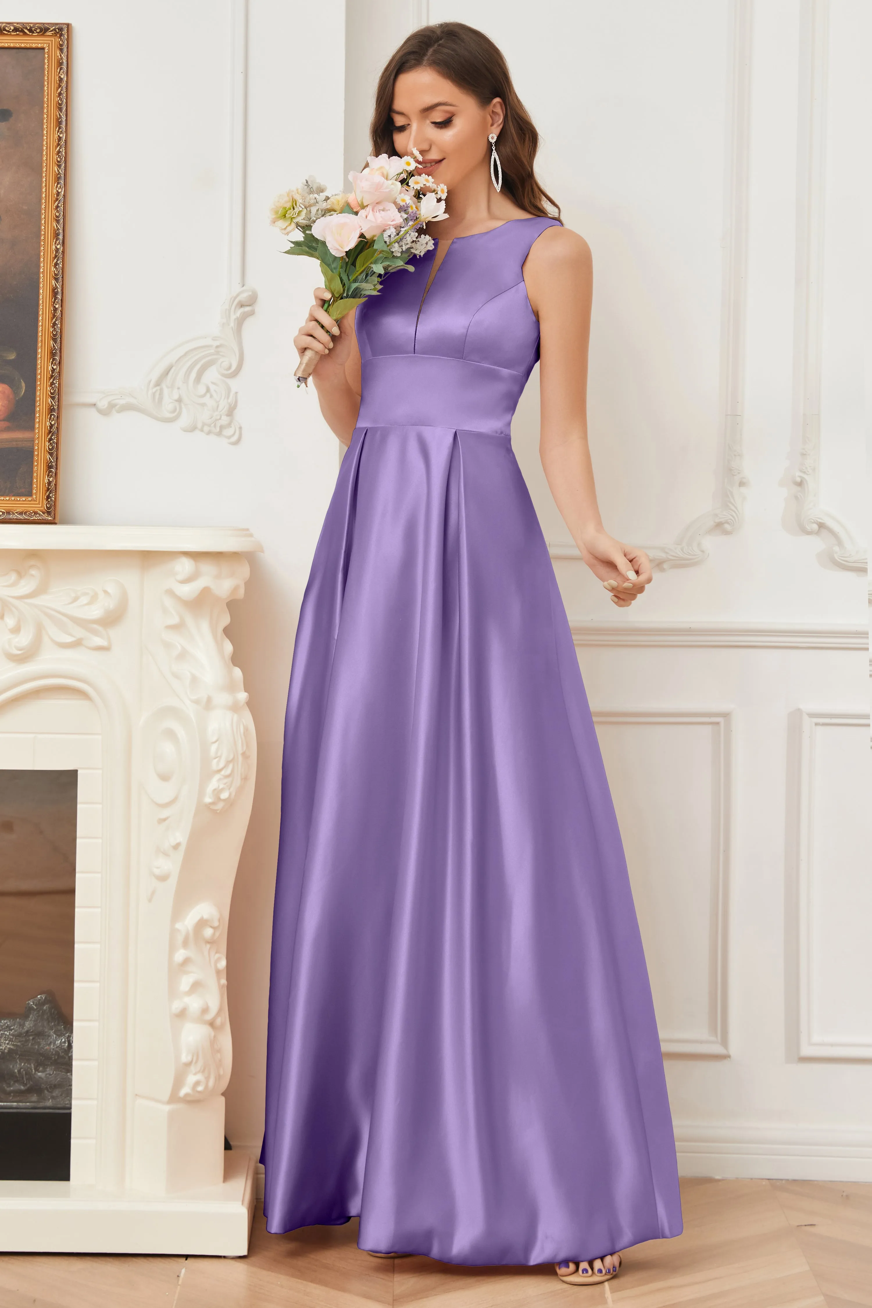 A-line Sleeveless Satin Long Bridesmaid Dresses with Pockets