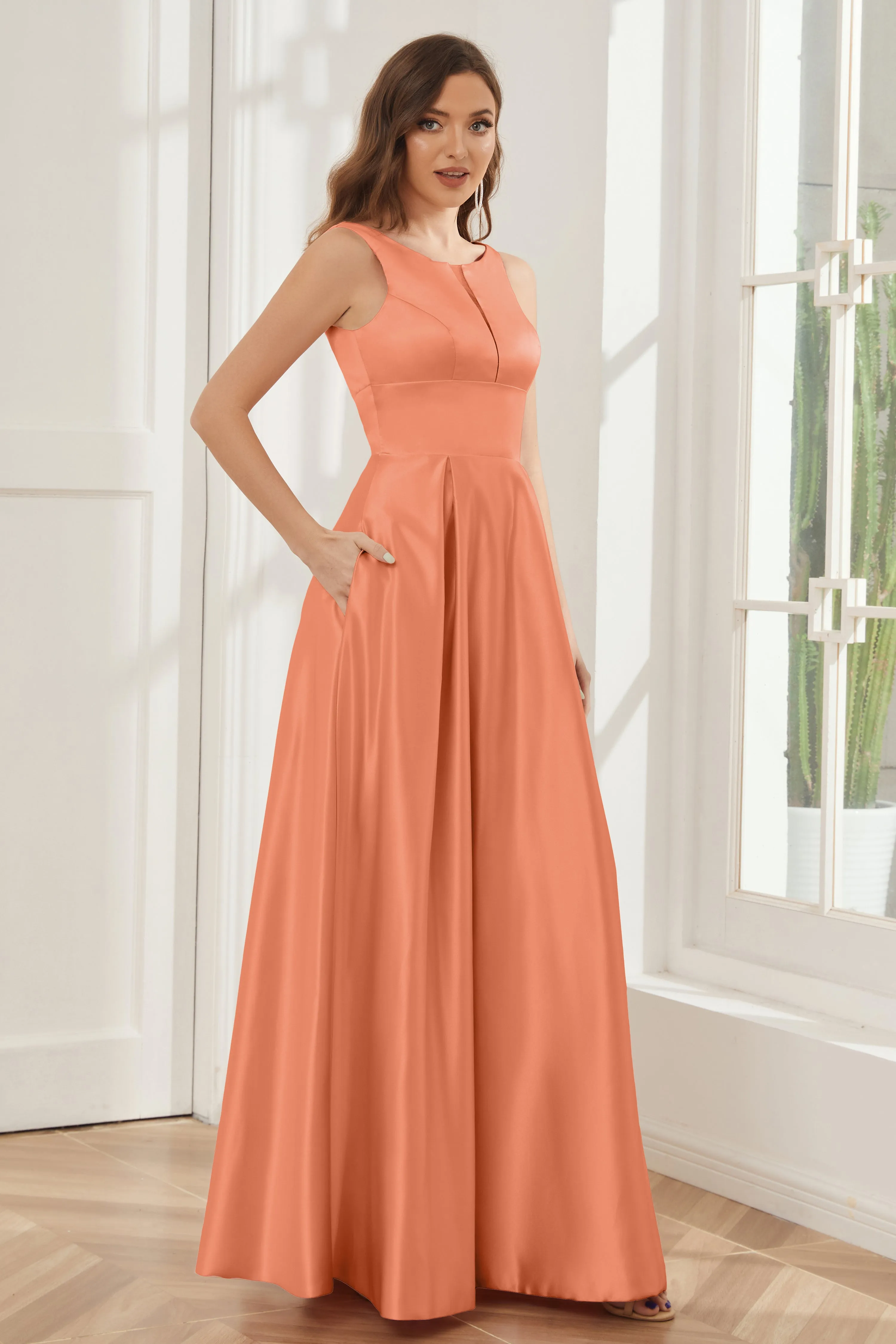 A-line Sleeveless Satin Long Bridesmaid Dresses with Pockets