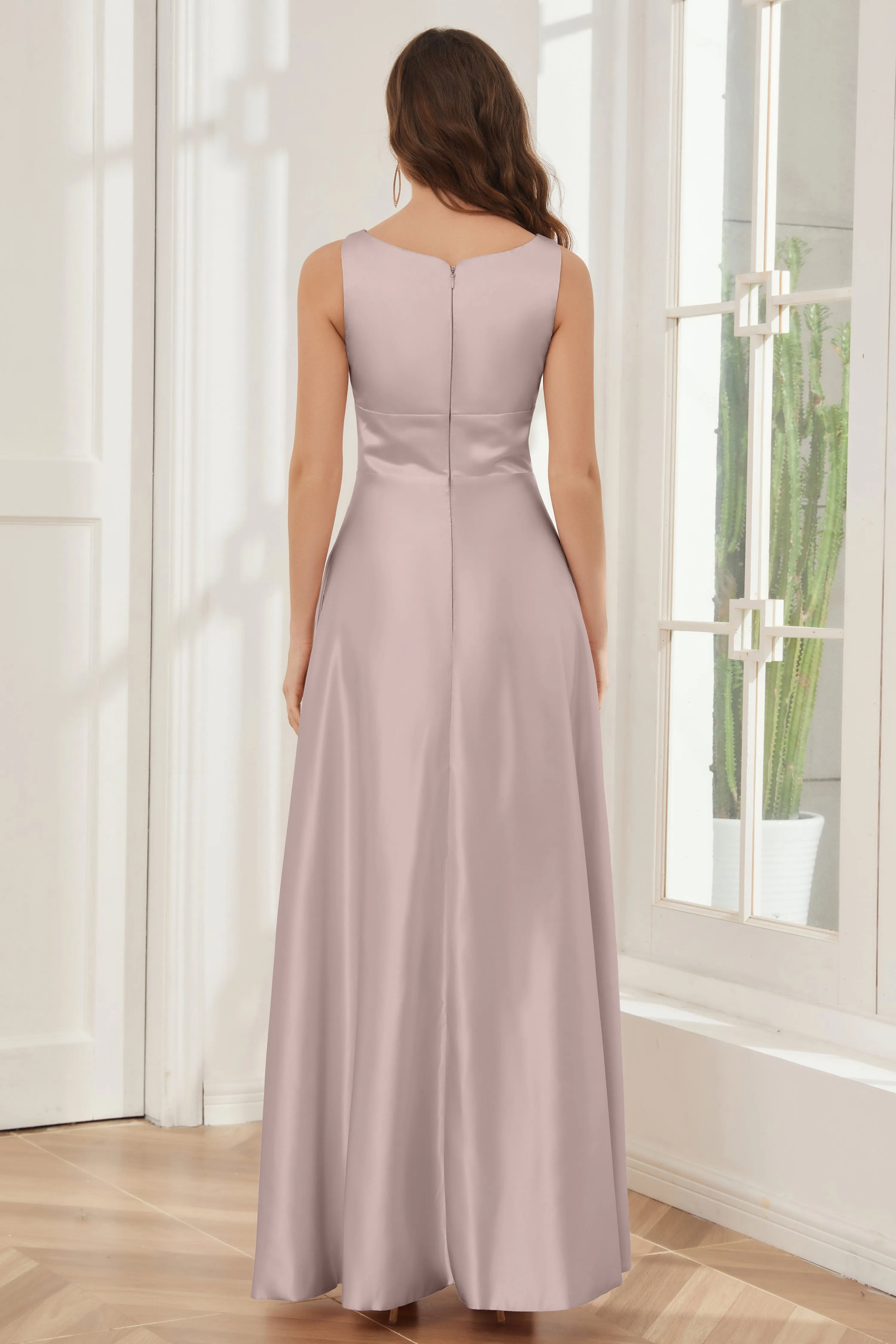 A-line Sleeveless Satin Long Bridesmaid Dresses with Pockets