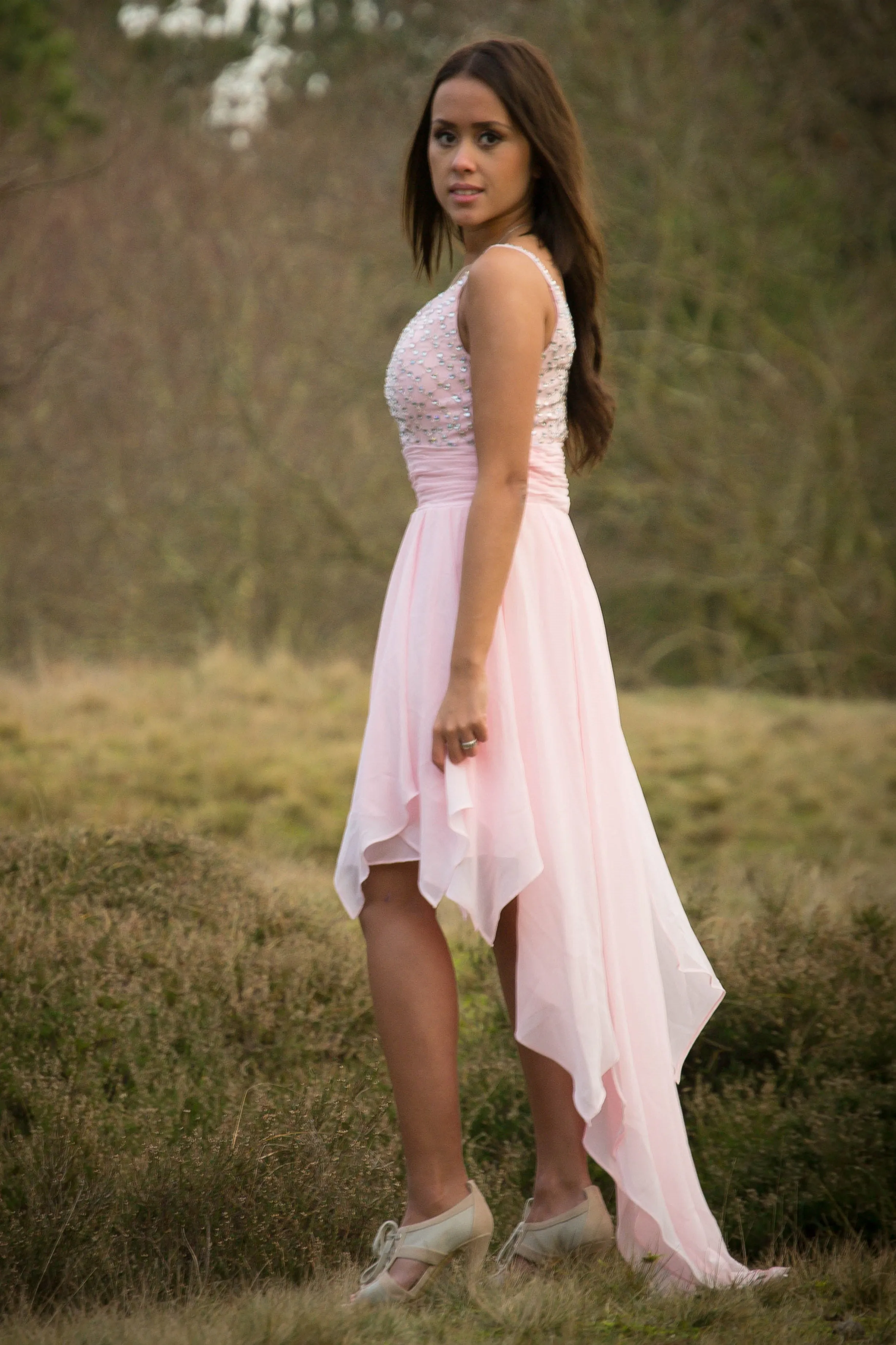 A-line Spaghetti Strap Hi-low Length Chapel Tulle Rhinestone Prom Dress