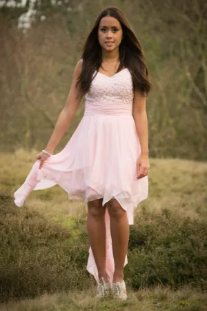A-line Spaghetti Strap Hi-low Length Chapel Tulle Rhinestone Prom Dress