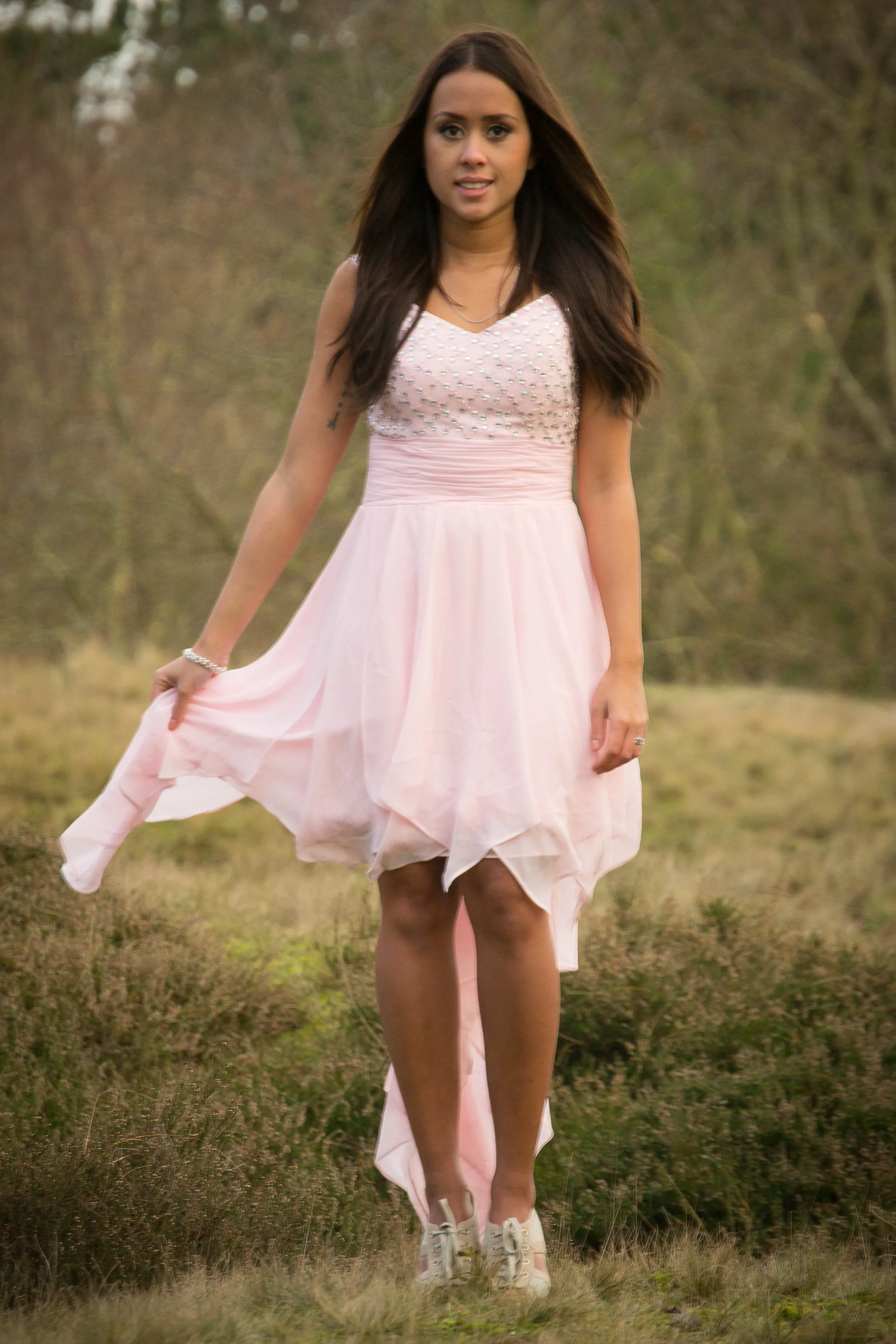 A-line Spaghetti Strap Hi-low Length Chapel Tulle Rhinestone Prom Dress