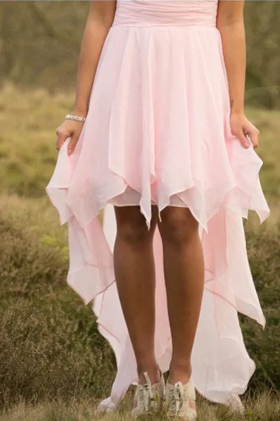 A-line Spaghetti Strap Hi-low Length Chapel Tulle Rhinestone Prom Dress
