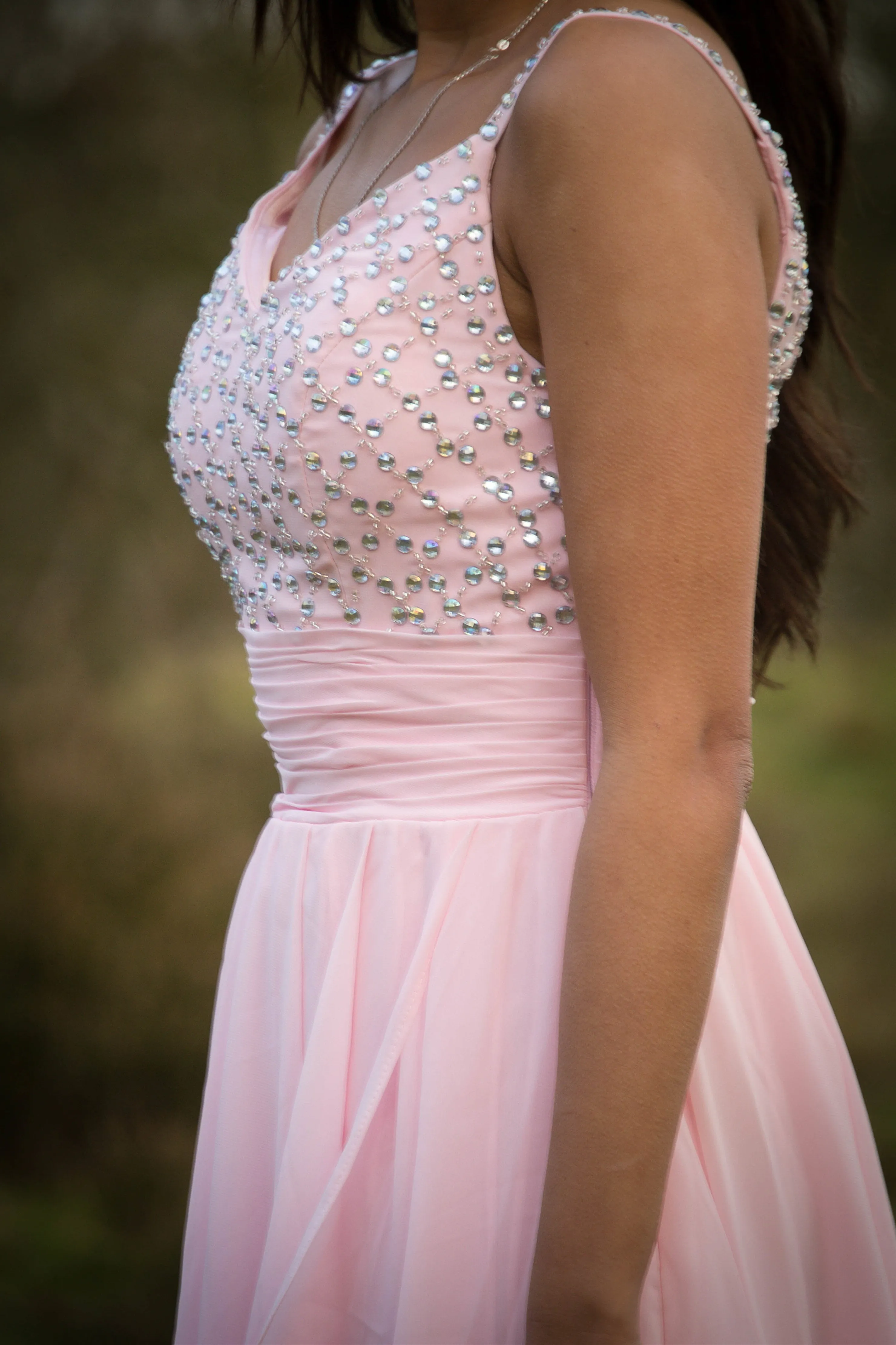 A-line Spaghetti Strap Hi-low Length Chapel Tulle Rhinestone Prom Dress