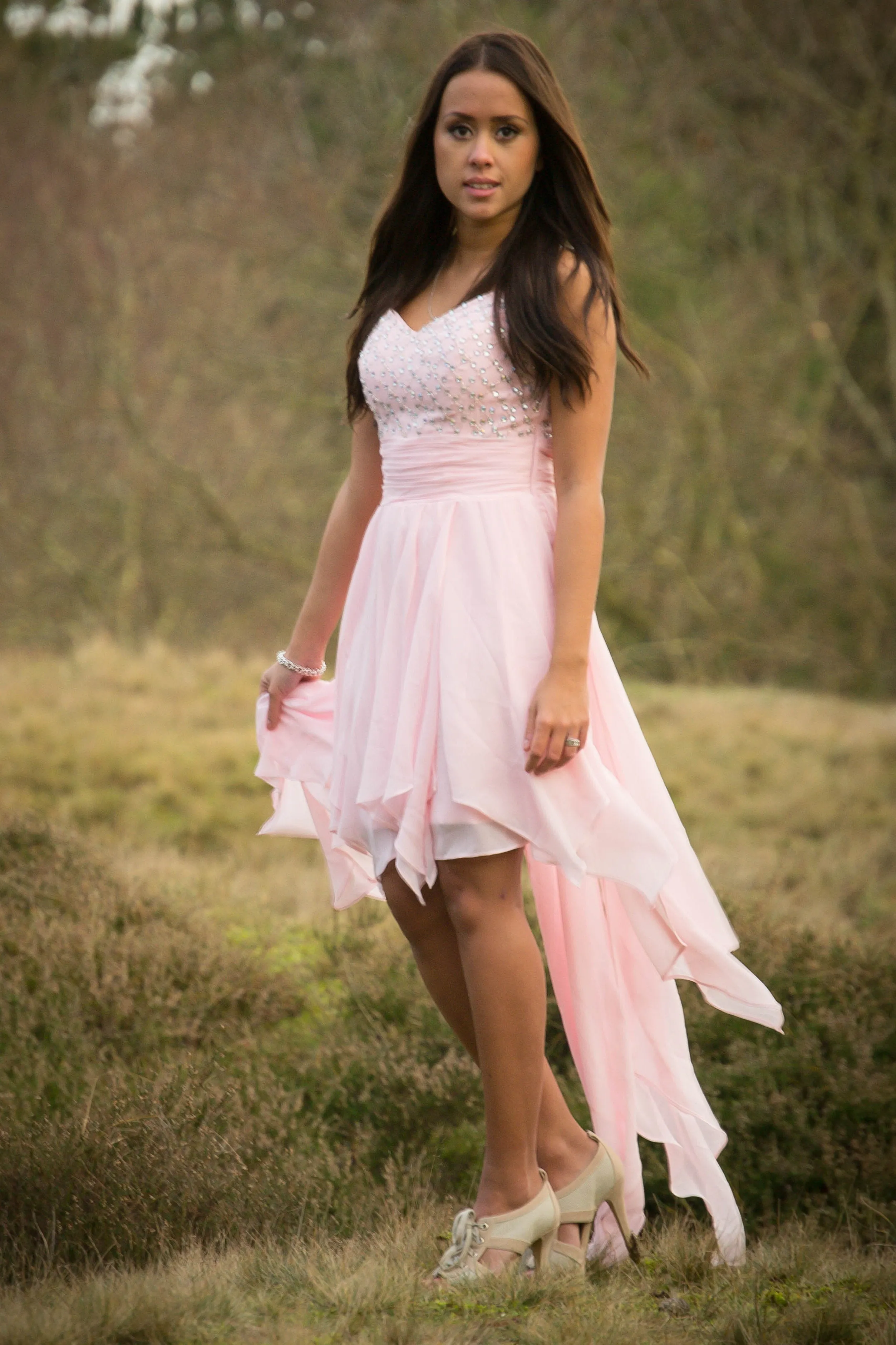 A-line Spaghetti Strap Hi-low Length Chapel Tulle Rhinestone Prom Dress