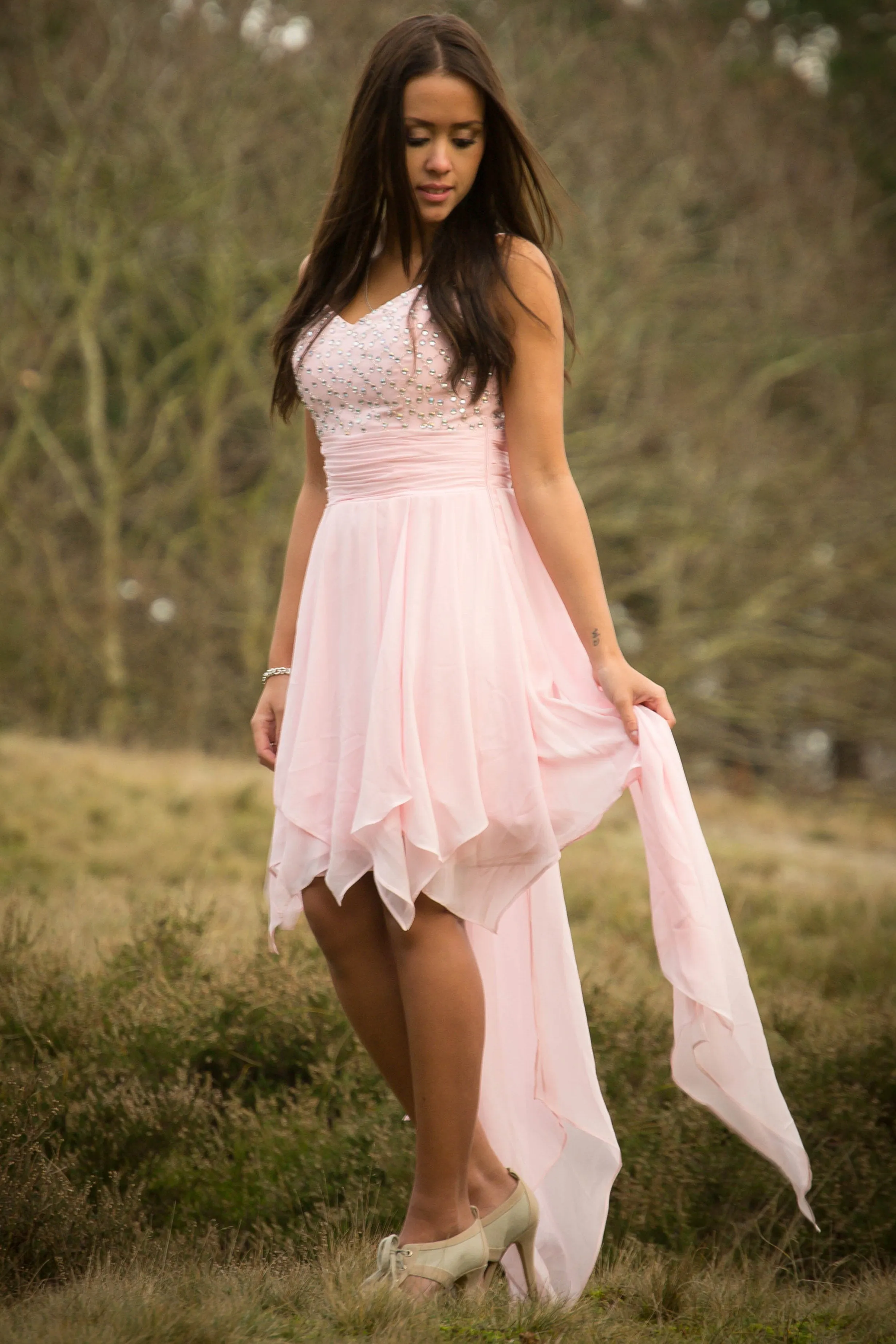 A-line Spaghetti Strap Hi-low Length Chapel Tulle Rhinestone Prom Dress