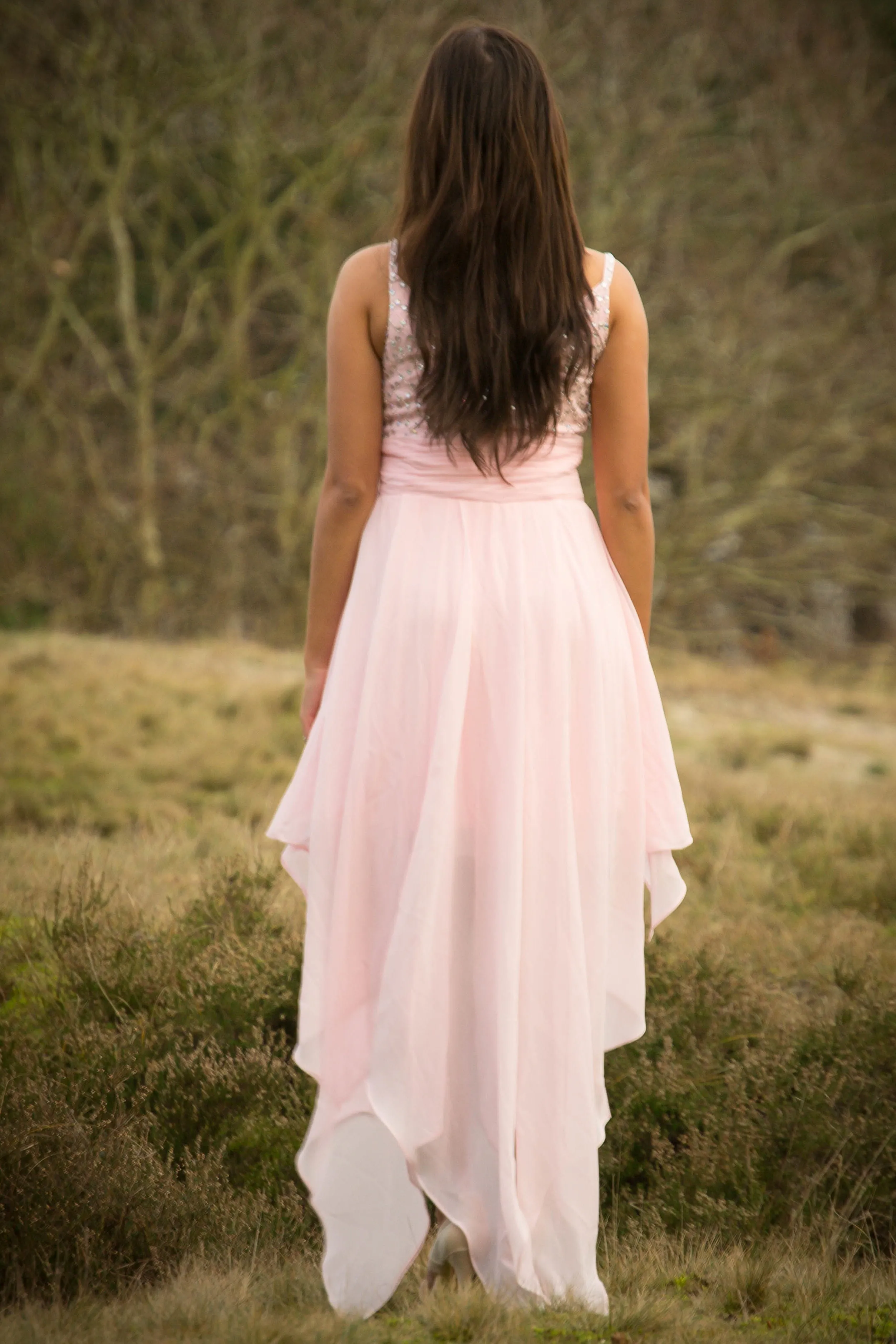 A-line Spaghetti Strap Hi-low Length Chapel Tulle Rhinestone Prom Dress