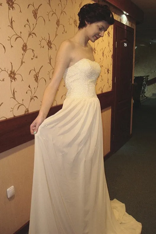 A-line Strapless Floor Length Chapel Chiffon Paillette Prom Dress