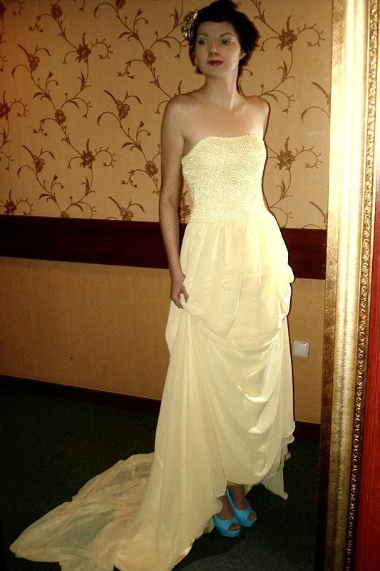 A-line Strapless Floor Length Chapel Chiffon Paillette Prom Dress
