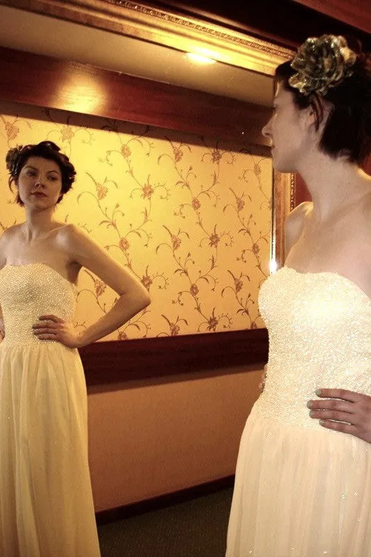 A-line Strapless Floor Length Chapel Chiffon Paillette Prom Dress