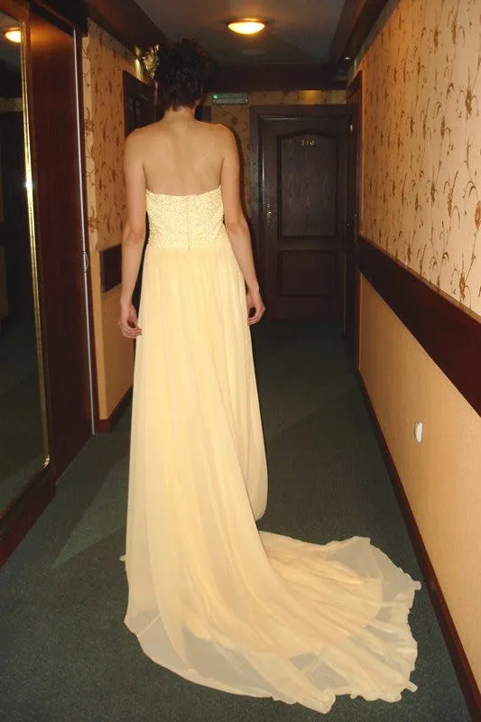 A-line Strapless Floor Length Chapel Chiffon Paillette Prom Dress
