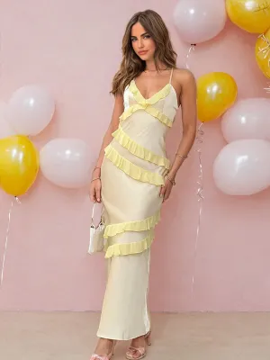 A-line Strapless Floral Printed Ruffle Tie Long Prom Dresses with Slit
