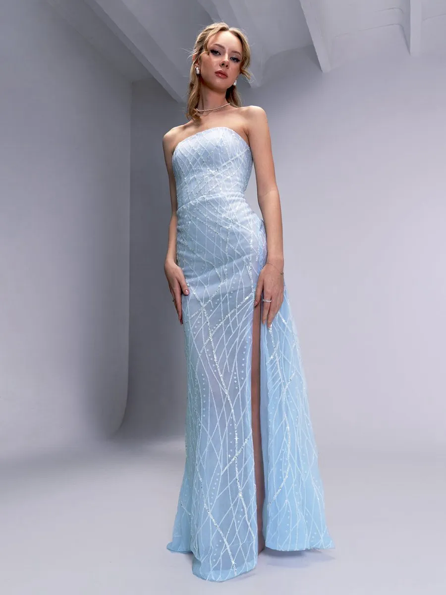 A-line Strapless Long Prom Dresses Unique Evening Dresses